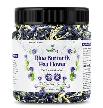 VY VedaYug Blue Butterfly Pea Flower Tea 100 Gram | Making ICE and Herbal Tea with ANTI-OXIDANT, Caffeine Free | Natural Colourant | Use with Green Tea - 100g - image, photos