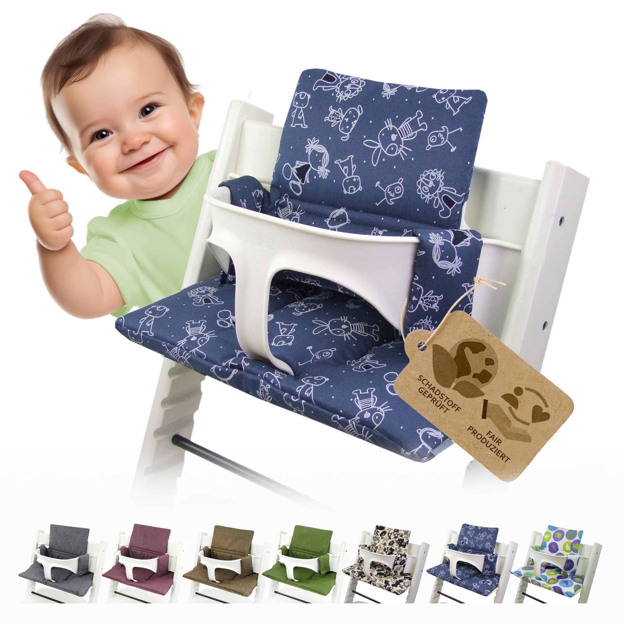 BambiniWelt Ersatzbezug Tripp Trapp – Sitzkissen-Set kompatibel, Stokke Hochstuhl, extra weich, waschbar & langlebig, 2-teiliges Kissen - Klettverschluss, Farbe: marine Figuren