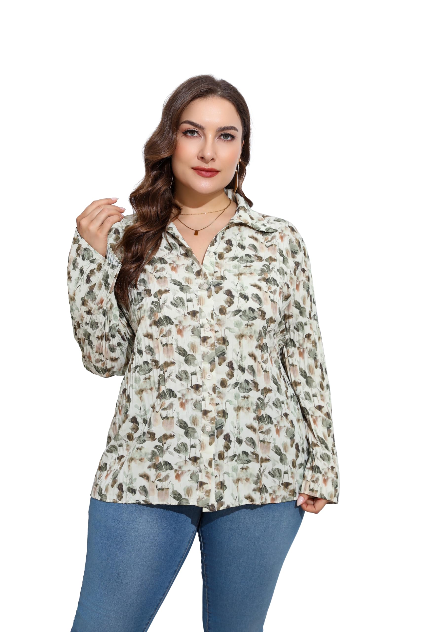 Love Welove Fashion Button Down Shirts for Women, Floral Long Sleeve Pleated Dressy Blouses Tops