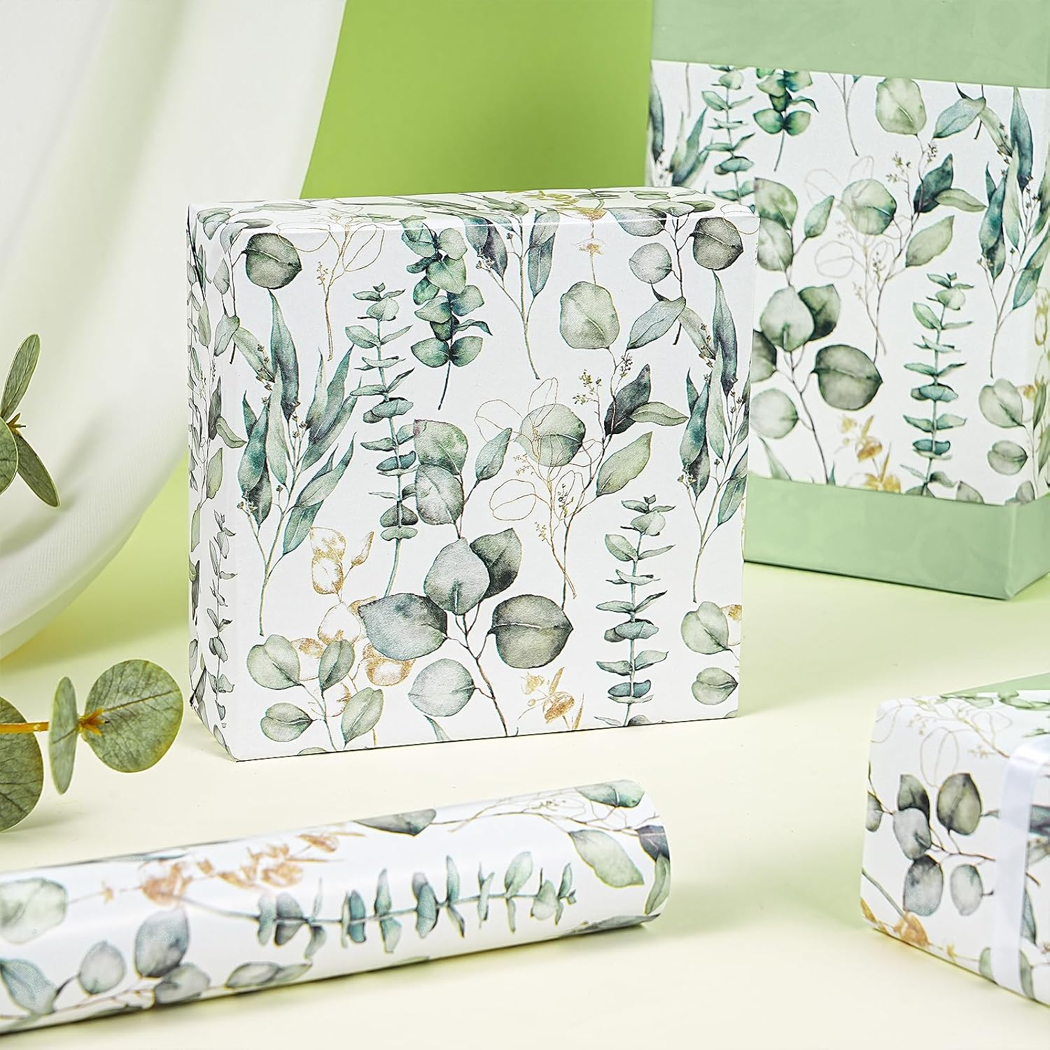 RUSPEPA Reversible Eucalyptus Leaf Wrapping Paper Roll, Mini Roll, Eucalyptus Greenery & Solid Sage Green Gift Wrap for Wedding, Bridal Shower, Birthday, Baby Shower, Mothers Day, 17 Inches x 9.8 Feet image 5