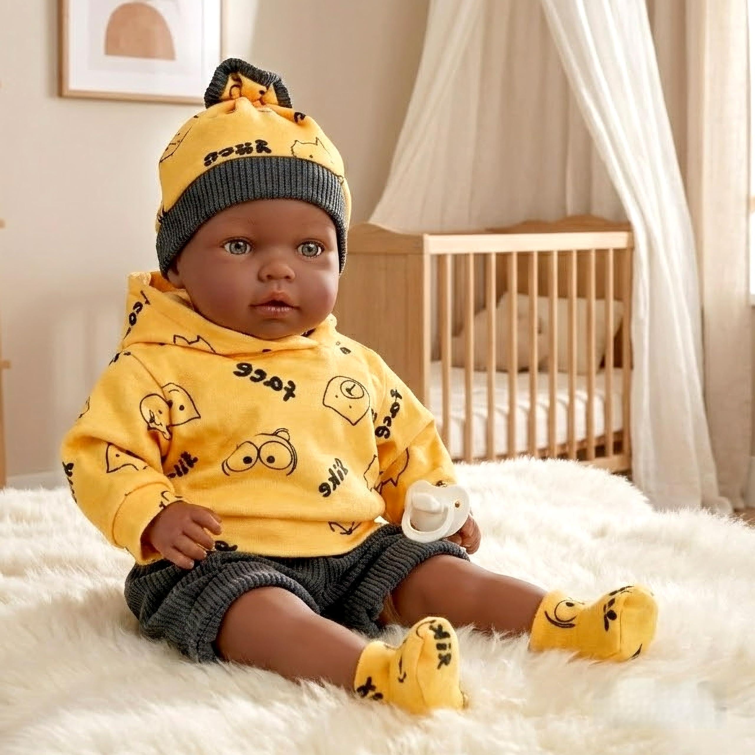 The Magic Toy Shop BiBi Doll 18" Eshe Black Baby Doll with 16 Realistic Sounds – Soft Body with Vinyl Head & Limbs – Ethnic, Brown Eyes, Yellow Outfit, Dummy – for Girls & Boys — image 1