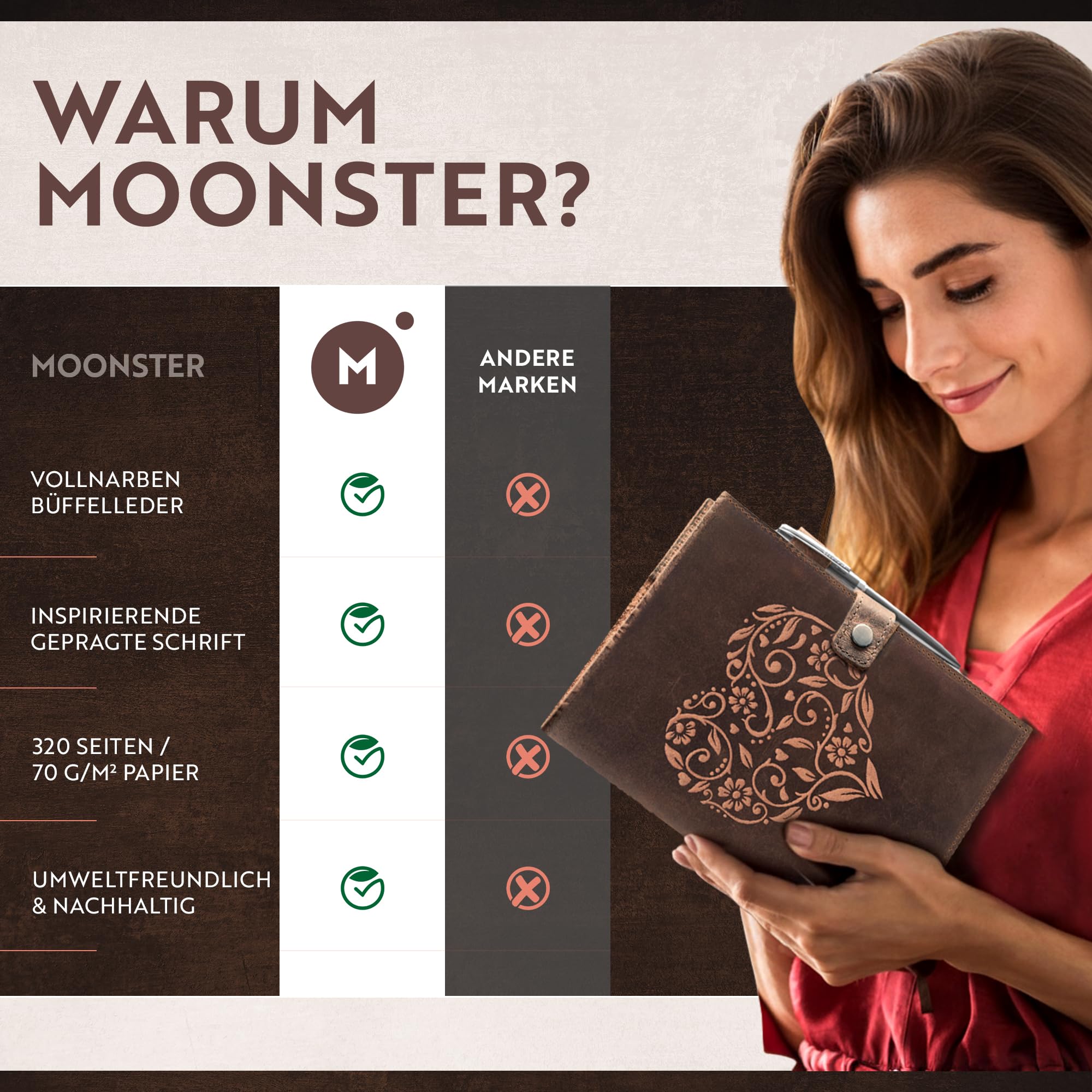 moonster Auffüllbares Liniertes Notizbuch Leder - Heft mit Stift - Tagebuch für Erwachsene mit Herz – Handgemachtes Notizbuch Klein aus Echtleder mit Stifthalter, hochwertigem A5-Papier & Luxus-Stift