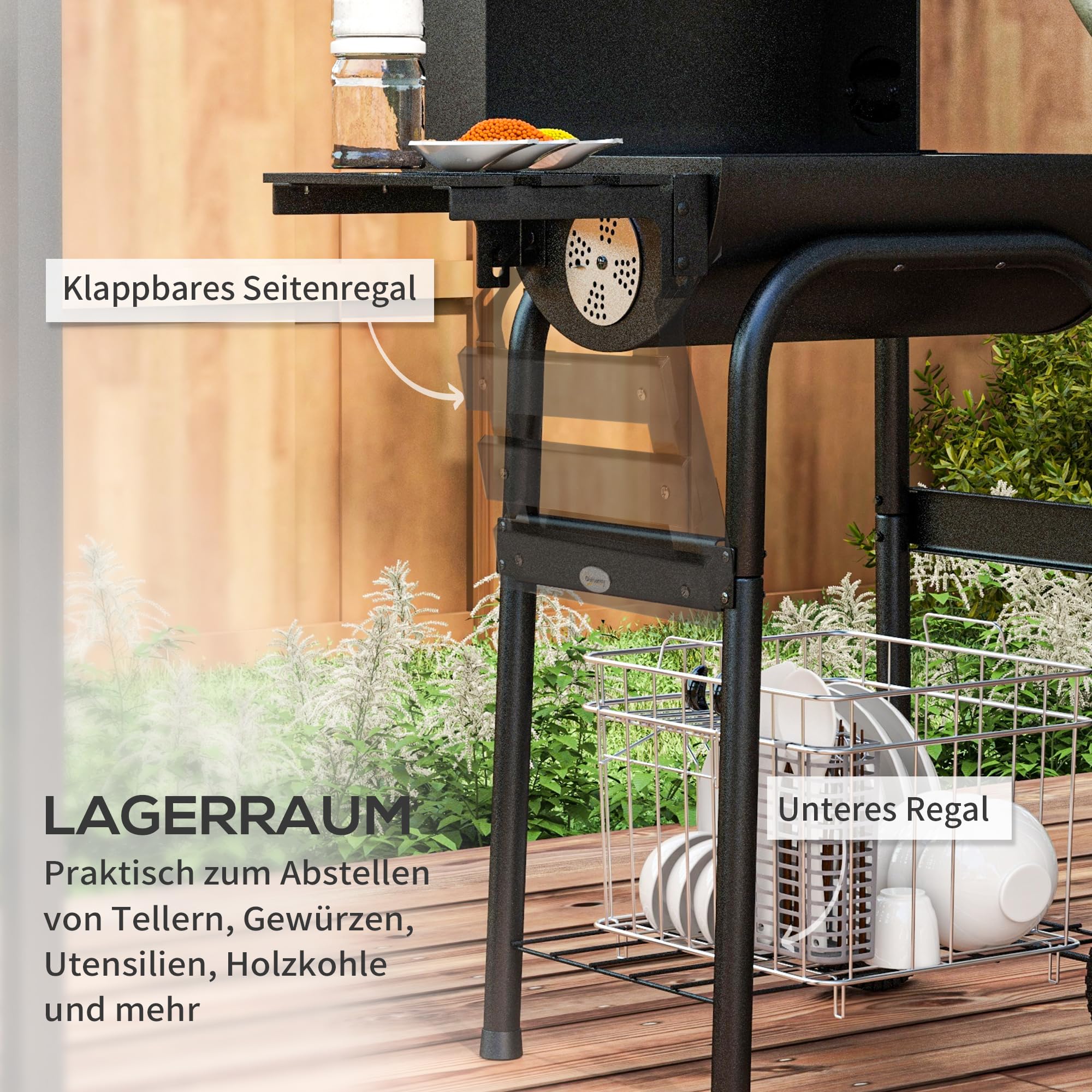 Outsunny Grill na węgiel drzewny, grill na kółkach z pokrywą, półki, grill kempingowy z kółkami, pokrywą, termometrem, kominem, na kemping, do ogrodu, stal nierdzewna, kolor czarny