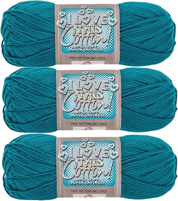 I Love This Cotton Medium Soft Skein Yarn for Crocheting & Knitting Blankets, Hats & Accessories, 80 Yards of 100% Cotton Yarn, Deep Teal Set of 3
