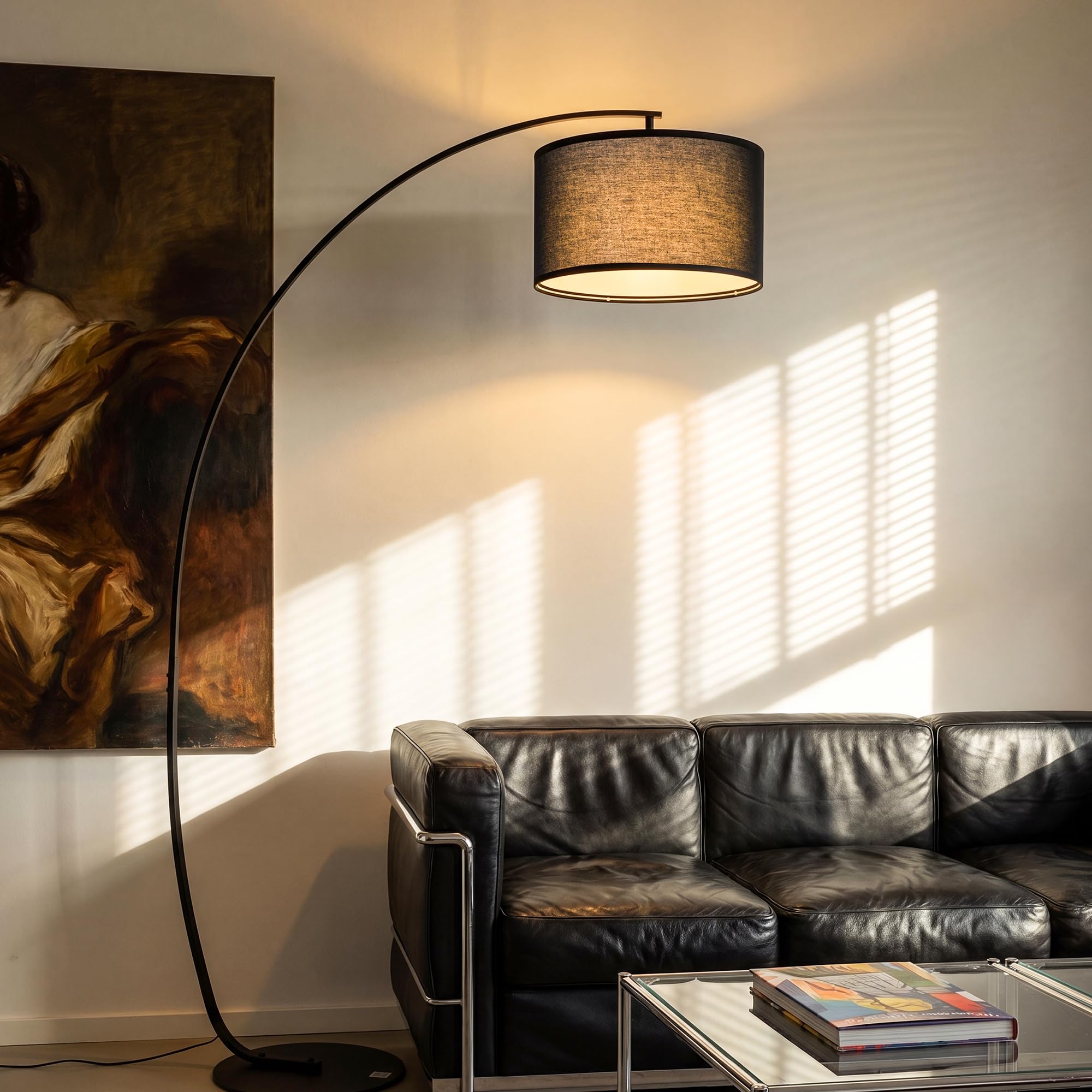 Modern Black Arc Floor Lamp for Living Room, 178cm Tall Over Sofa Standing Lamp with Fabric Shade, Flexible Adjustable Lamp Head, Stable Wide 35cm Base, Foot Switch and E27 9W 3-Colour Bulb Included