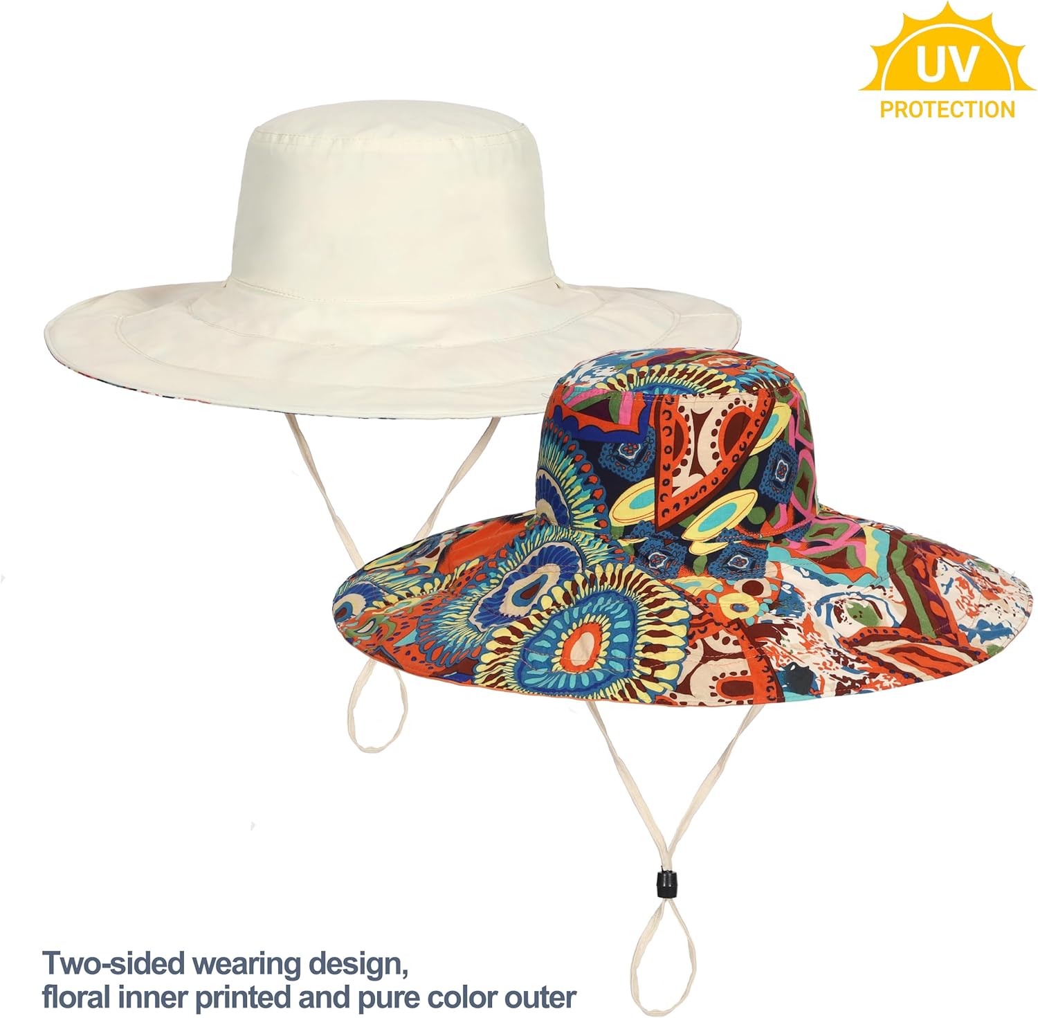 Womens Wide Brim Sun Hat Reversible Print UV Protection Oversized Beach Cap Travel UPF 50+ - Image 5