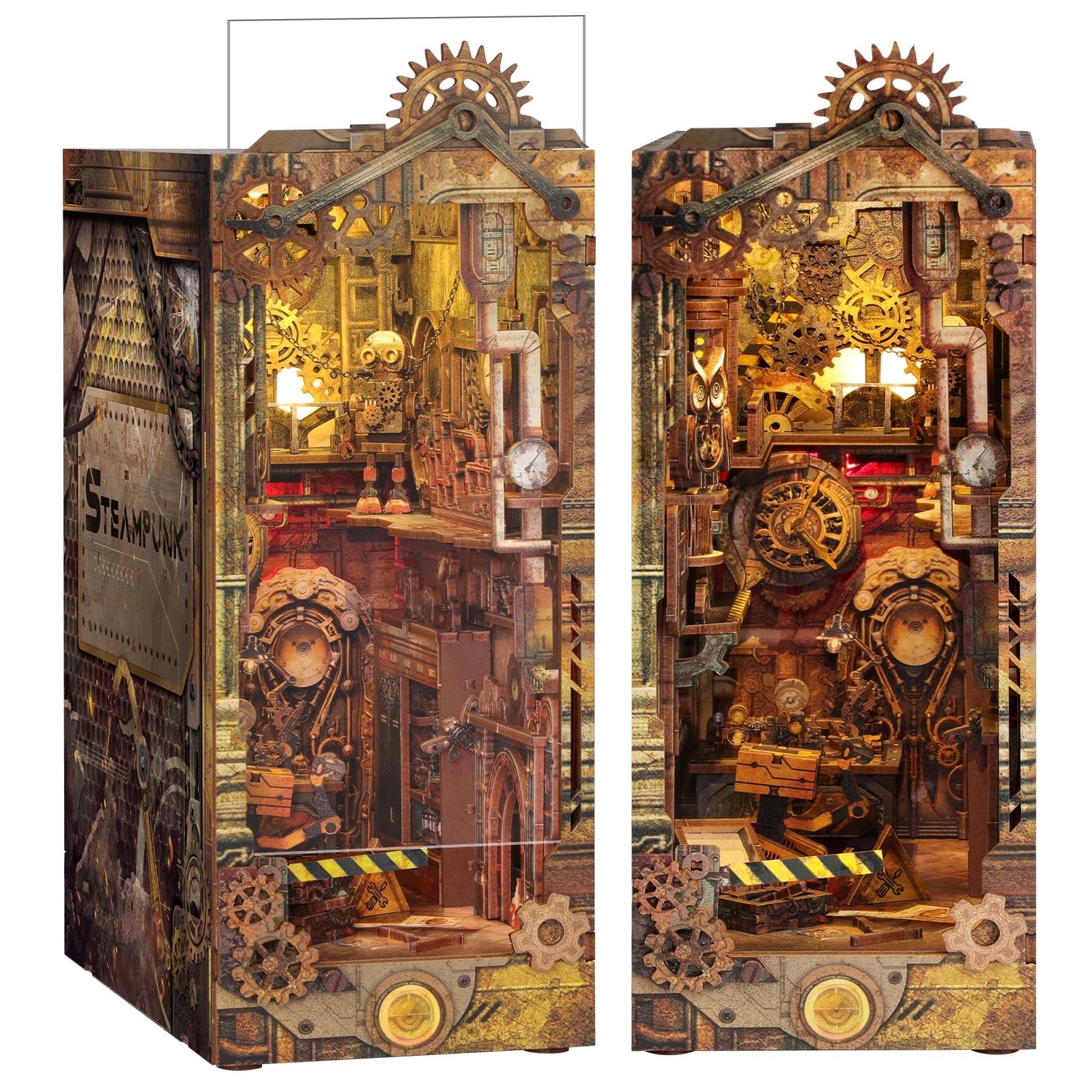 RONSTONE Book Nook - DIY Booknook Casa Delle Bambole in Miniatura con Coperchio Antipolvere - Inserto per Libreria con Luce a Led - Puzzle in Legno 3D STEAMPUNK Regalo per Adulti