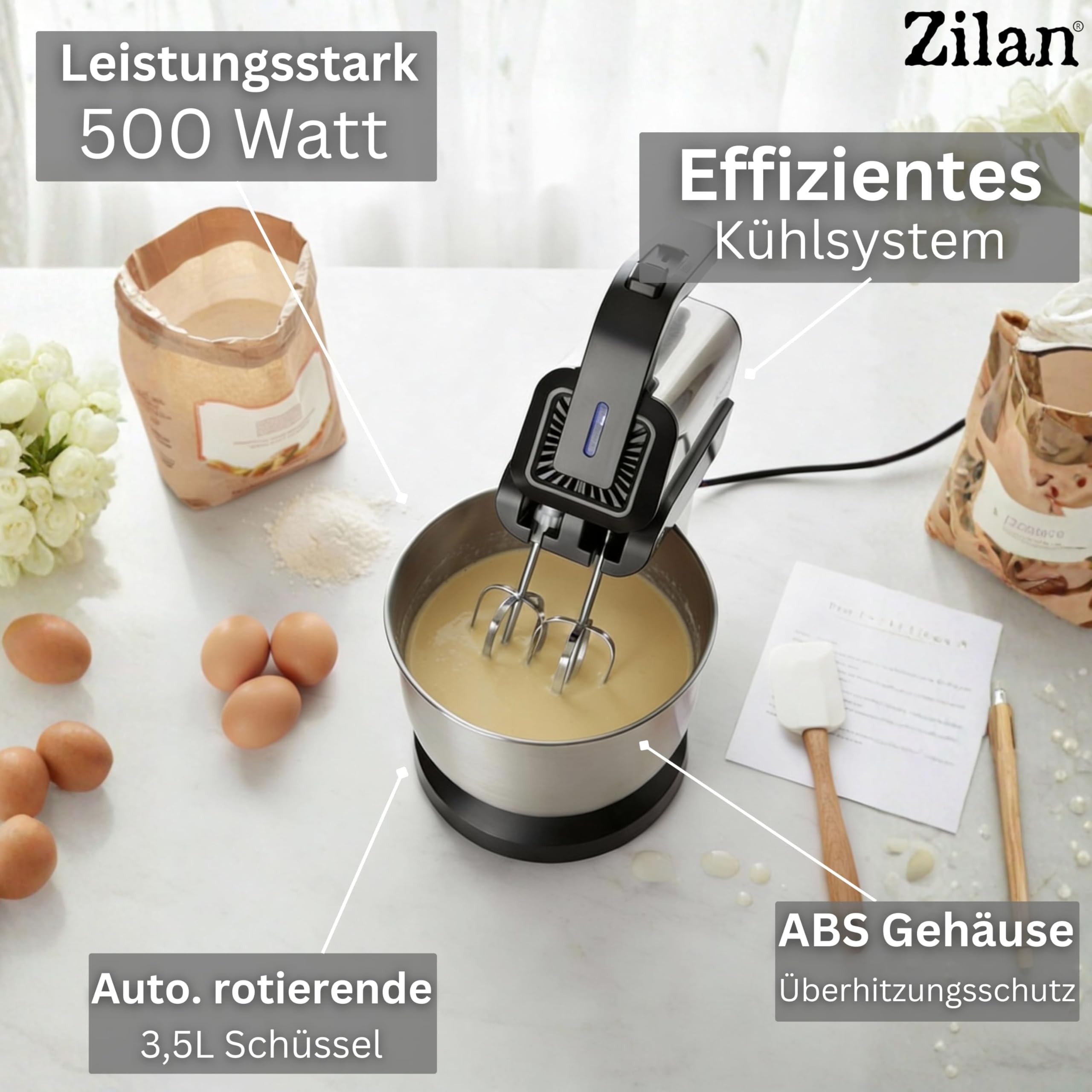 Handmixer mit Rührschüssel 500W – Elektrischer Handrührer mit 3,5 L Edelstahl-Schüssel Knetmaschine automatischer Rotation, 5 Stufen, Turbo 2x Rührhaken & Knethaken Küchenmixer Teigknetmaschine