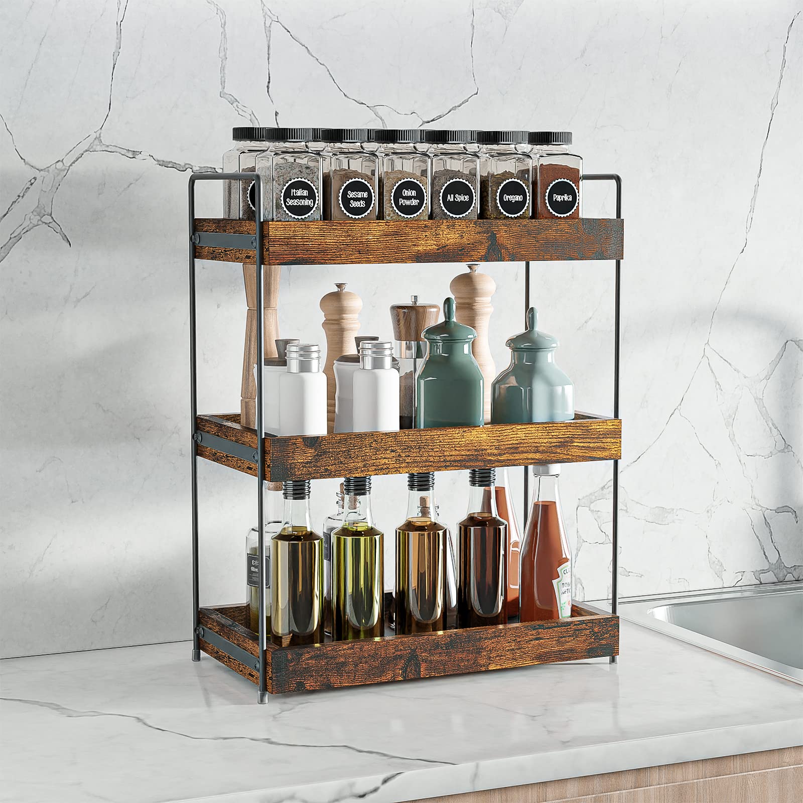 Étagère à épices amovible à 3 étages - Étagère de douche moderne - Plan de travail pratique en bois pour salle de bain - Organiseur de rangement multifonction - Étagère sous meuble - Étagère d'évier