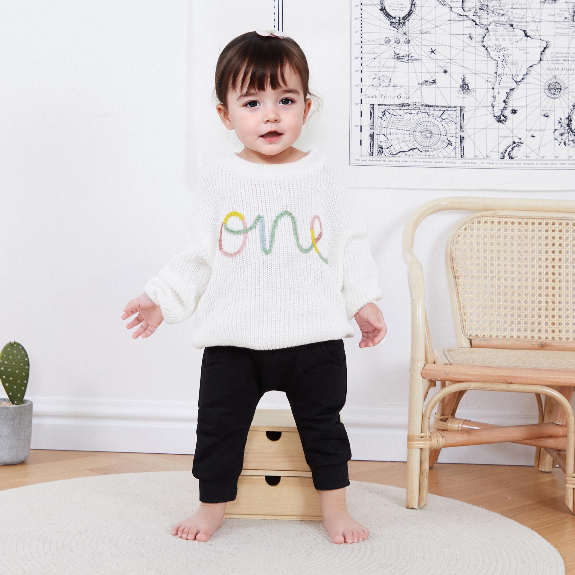 VISGOGO First Birthday Outfit Girl 1st Birthday Boy Gifts Sweatshirt Girls One Birthday Sweater Knitted Tops Fall Winter (A White, 12-18 Months)