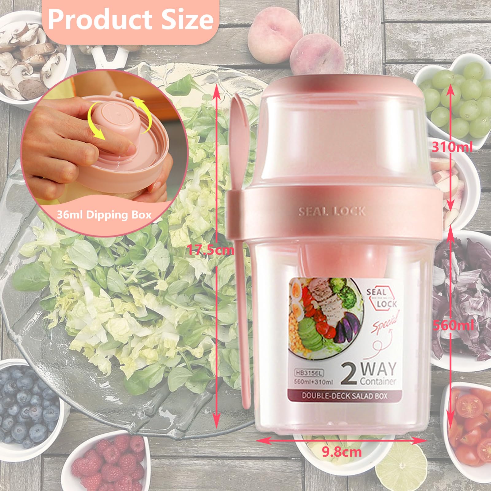 2 kubek do musli, 560 ml + 310 ml, kubki na jogurt na wynos, dwuwarstwowe, szczelne