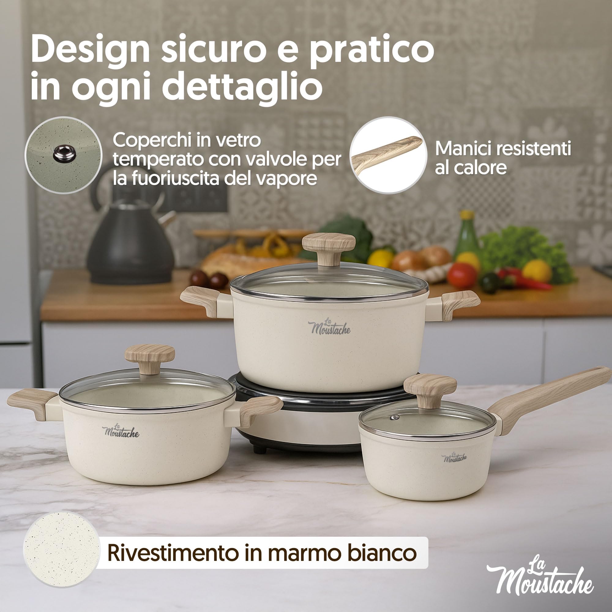 La Moustache - Set di Pentole e Padelle Antiaderenti 14 Pezzi (Latte) | 2 Padelle, 3 Pentole, 3 Coperchi con Sfiato, 3 Utensili e 3 Salvapadelle, Induzione, Gas, Lavaggio a Mano, senza PFOA e PFAS