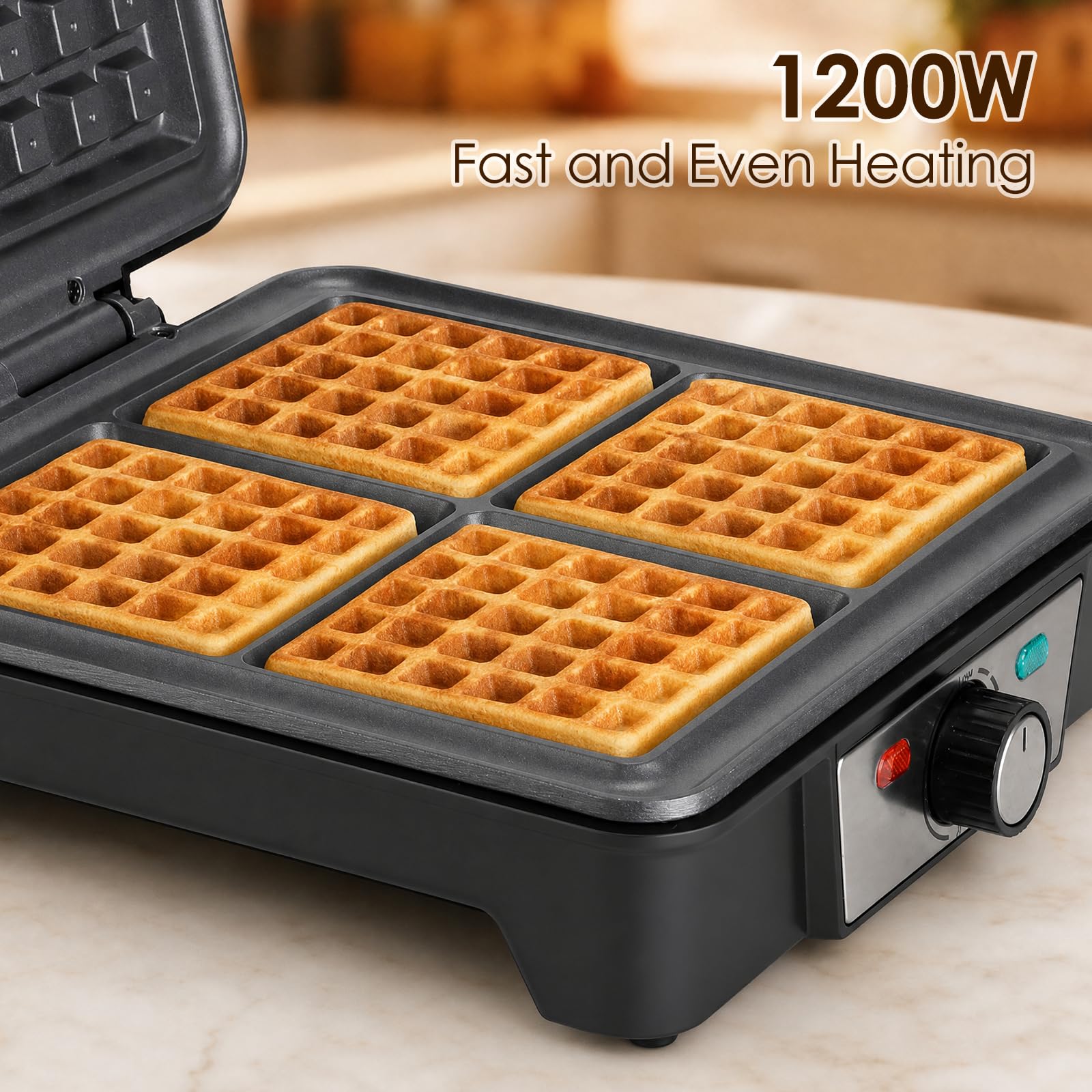 Cozary Gofrera 1200W – 5 Niveles, Acero Inoxidable, 4 Gofres
