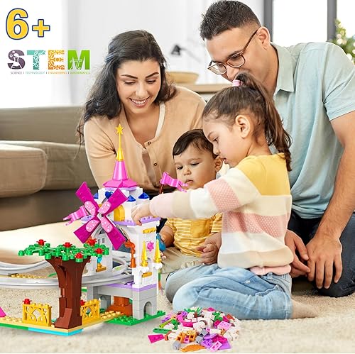 Miniatura 3 de HOGOKIDS Juego de construcción de montaña rusa para niñas, 711 piezas de bloques de construcción de parque rosa con amigos del carnaval, montaña