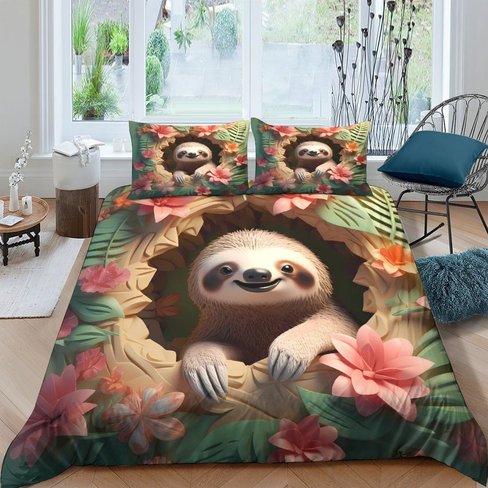 Ctjqhvkz Style-10 3D Printed Cute Sloth Fitted Sheet Microfiber Soft Floral Jungle Mattress Cover For Bedroom Guest Room Decor Single（135X200cm）