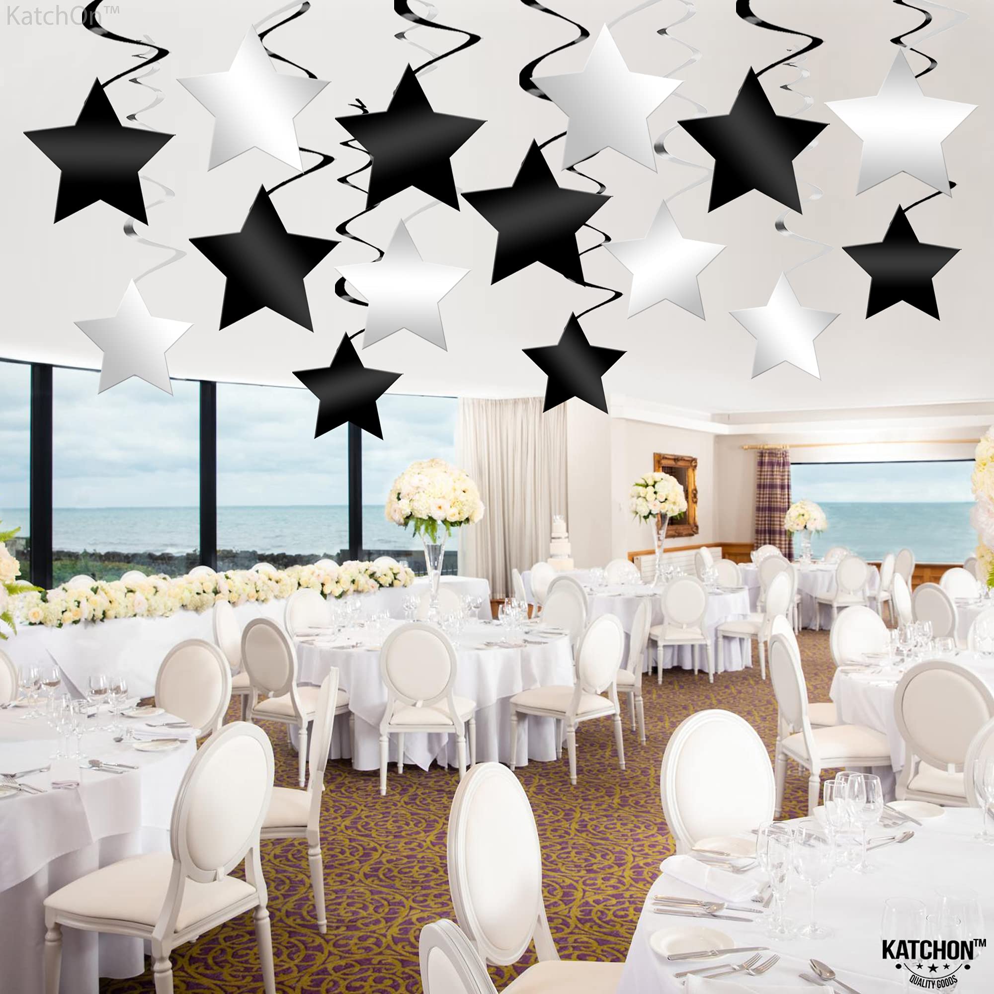 Black and Silver Star Hanging Swirls Pack of 32, No DIY Graduation