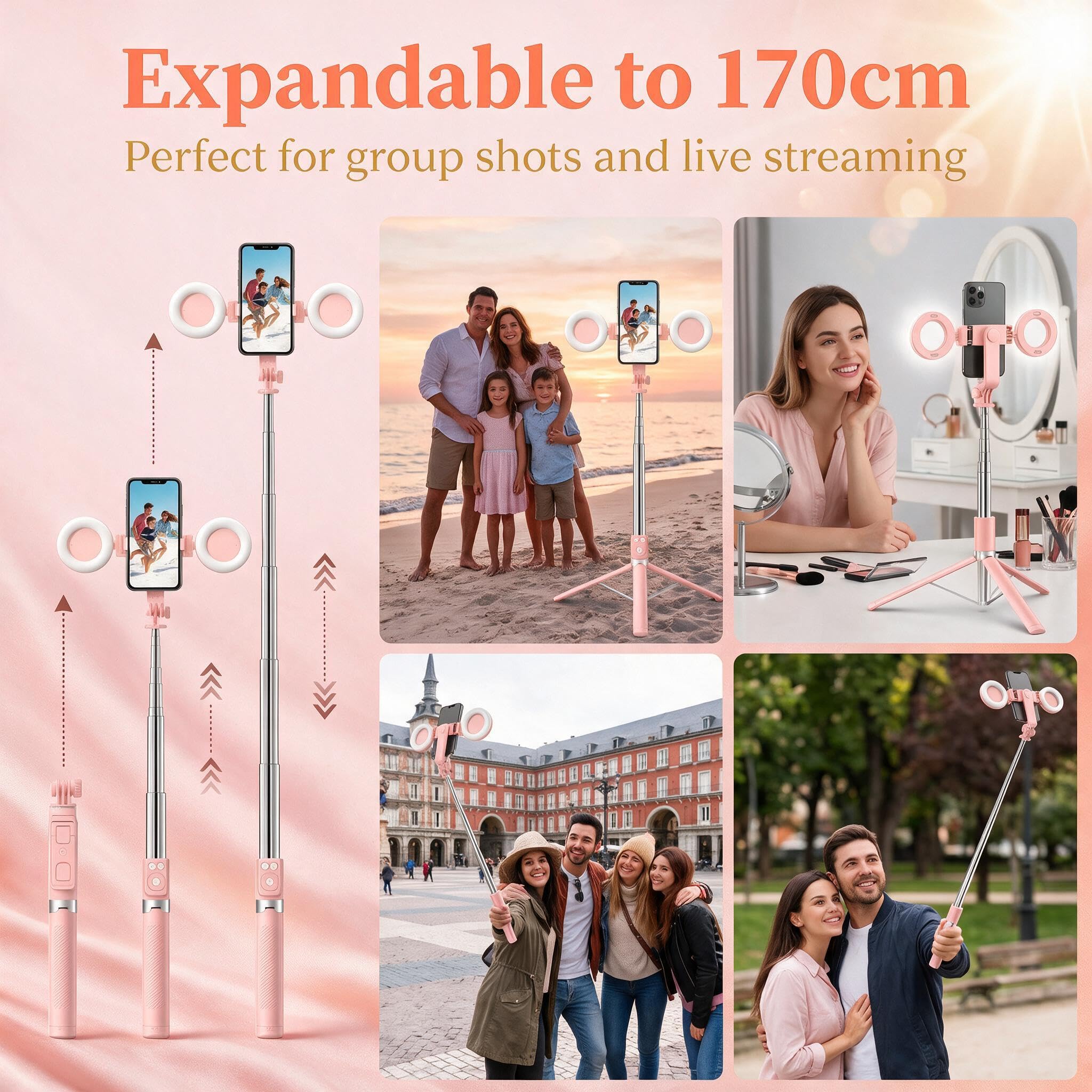 1.7m Palo Selfie Tripode con Luz, 360° Trípode para Movil Profesional con Mando Compatible con iPhone y Android, Selfie Stick inalámbrico para Vídeos TikTok Youtube, Rosa