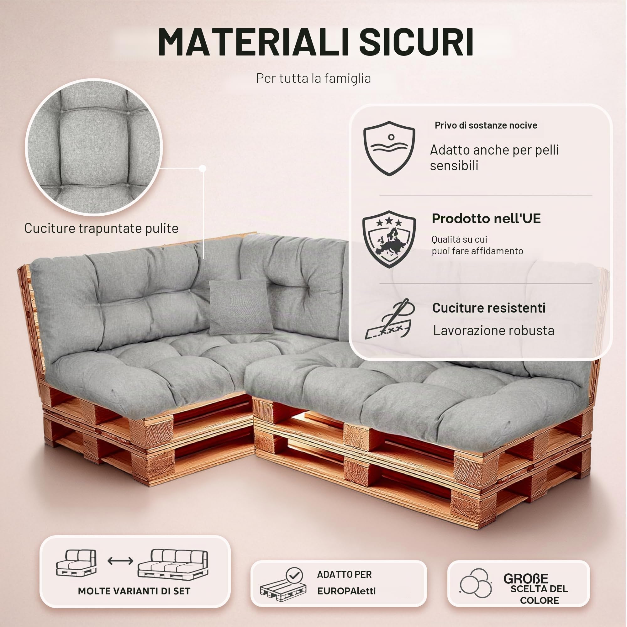 Set di Cuscini per Pallet – Cuscino D’assise per Pallet Europei – Imbottitura con Schiuma Granulare Poulirette – Include Cuscino D’assise 120x80cm + Schienale 120x40cm