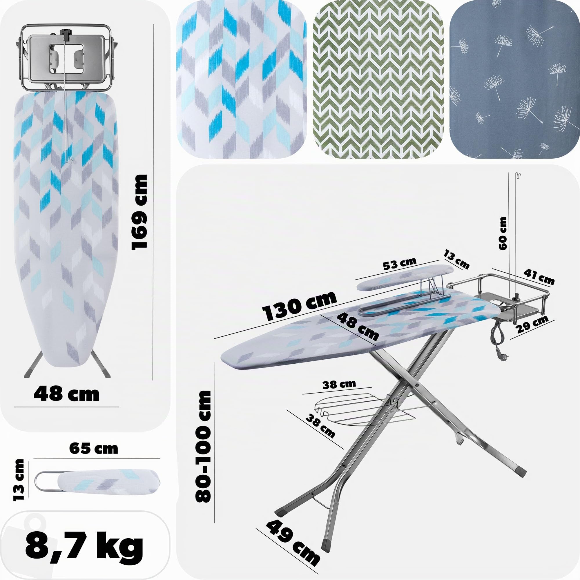 KADAX Tabla de Planchar Plegable con Enchufe, Altura Regulable, Funda Removible, Mesa para Planchar Mangas y Soporte para Plancha y Cable (Azul Claro)