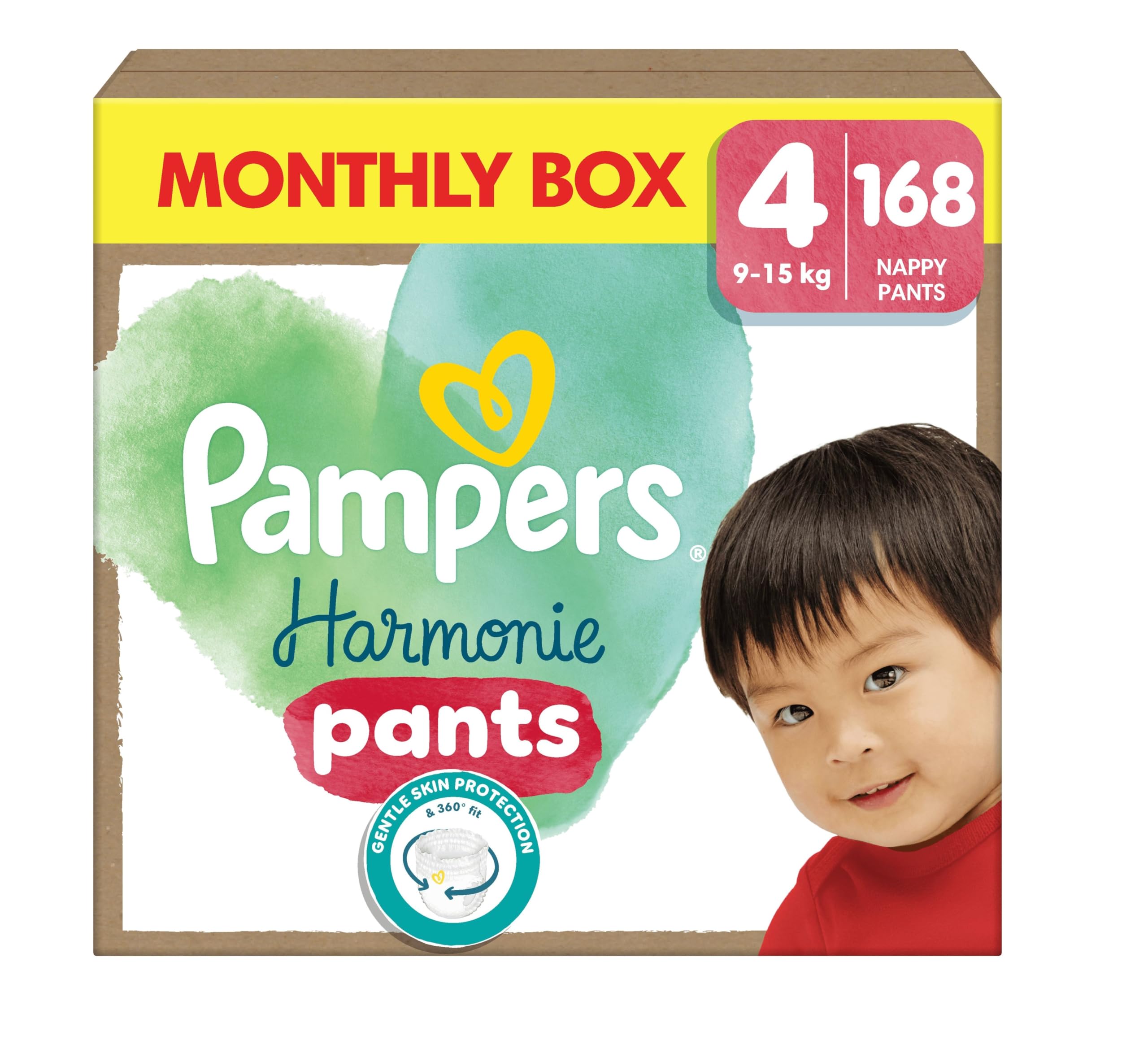 Pampers Pañales Armonía Pants Tamaño 4 (9-15 kg), 168 Pañales para Bebé, Paquete de 1 mes, 100% de absorción Pampers & Ingredientes de origen vegetal, Ahora con Más Capas
