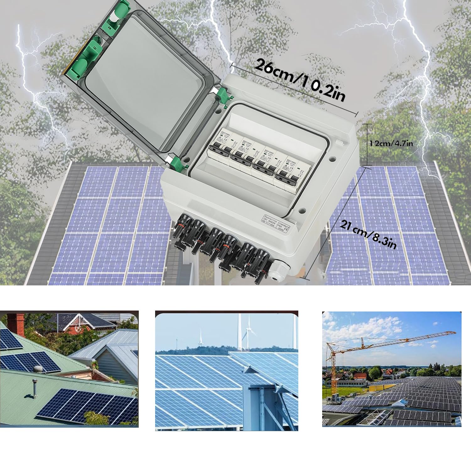 Überspannungsschutz PV DC1000V Blitzschutz Leitungsschutzschalter 32A DC Trennschalter PV Anlage, IP54 Wasserdicht & UV-Beständig Solar Anschlusskasten 4 in 4 out