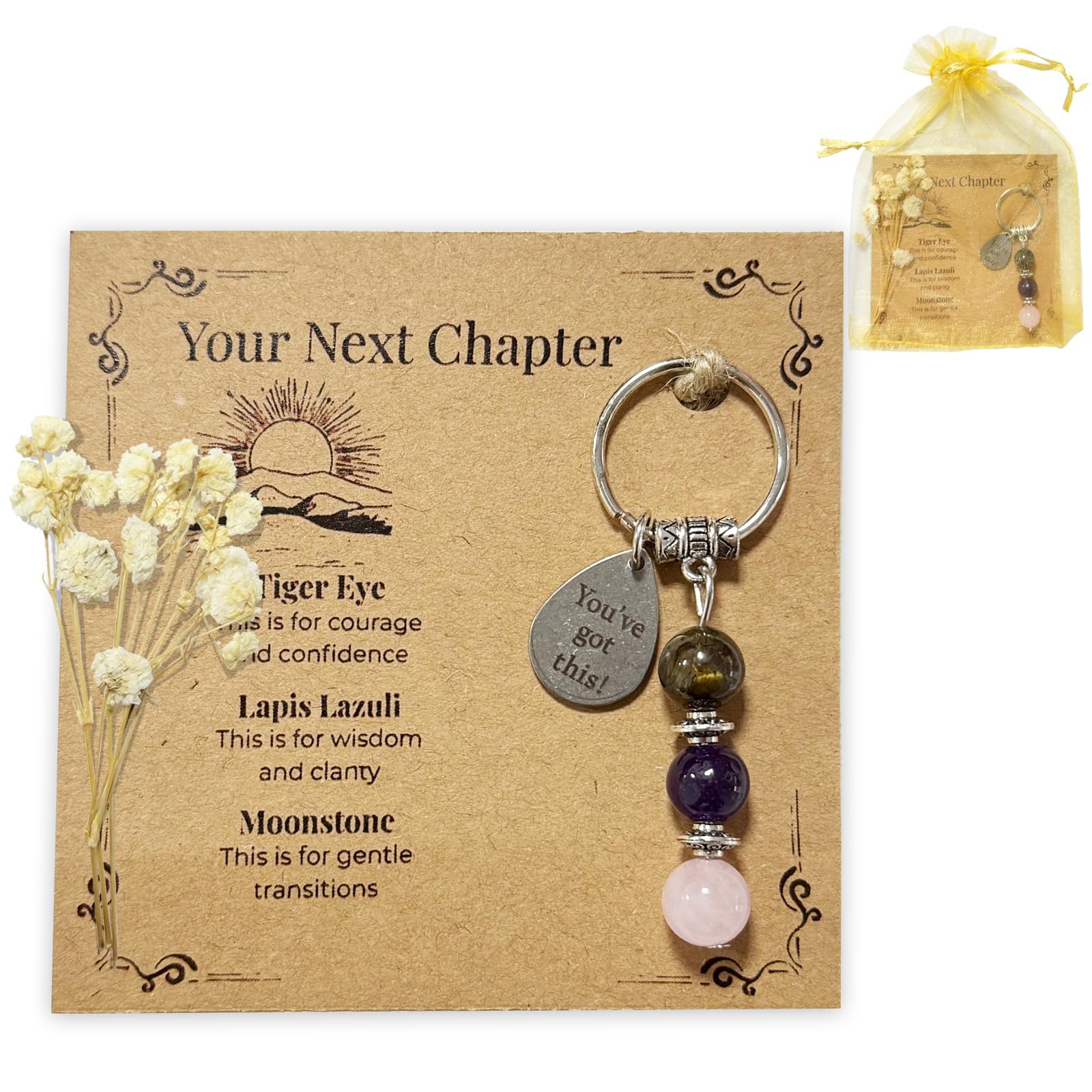Virelle Women's Engagement Tiger Eye Lapis Lazuli Moonstone Keychain Set, Courage Confidence Wisdom Gentle Transition Stone Gift For Men, Healing Crystal Jewelry Gift For Friends Graduation Career New Beginnings
