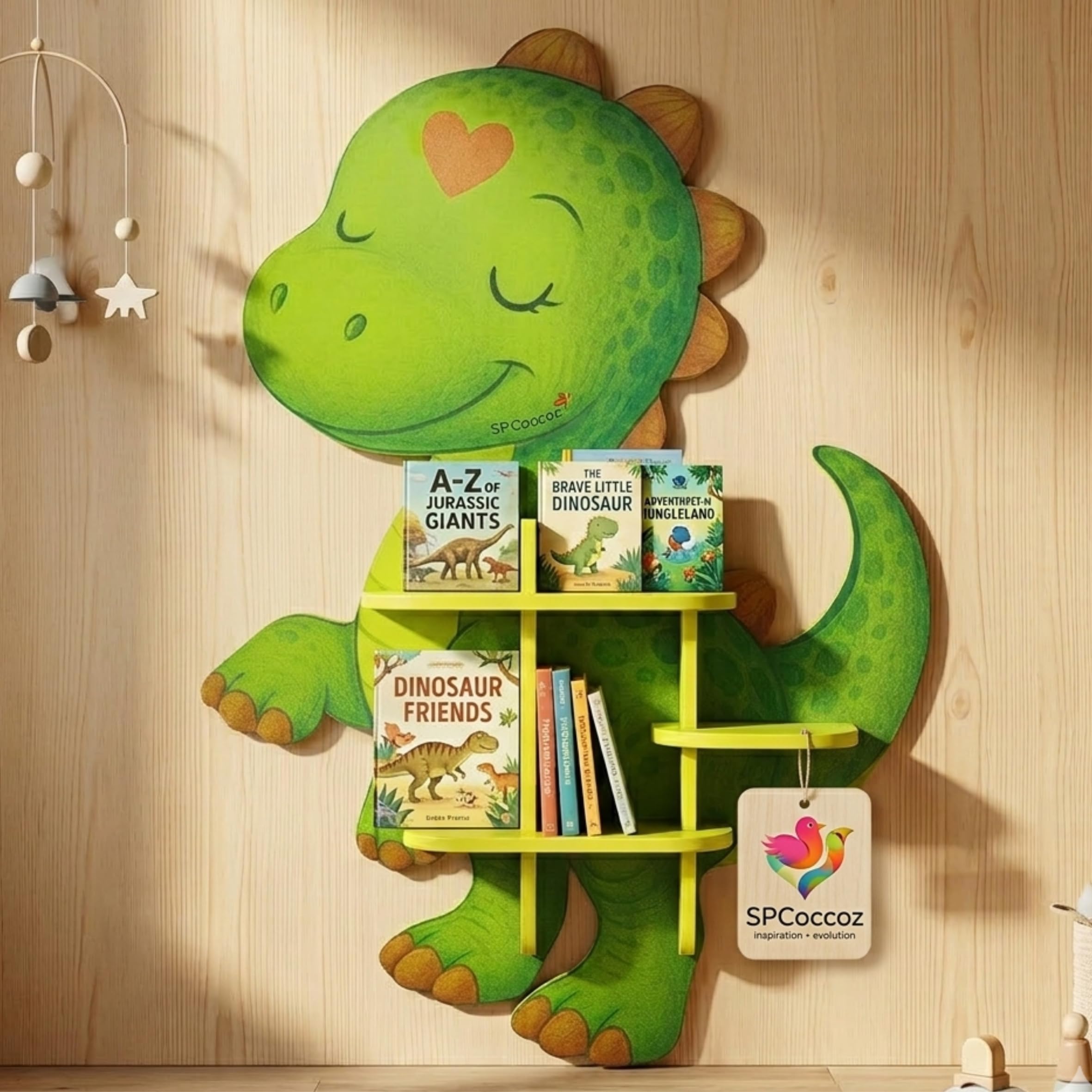 32" Dinosaur Decorative Animal Wall Art &amp; Floating Shelf - Lightweight Safety Design - Wooden Wall Bookshelf for Kids Rooms, Floating Nursery Book Shelves Wall