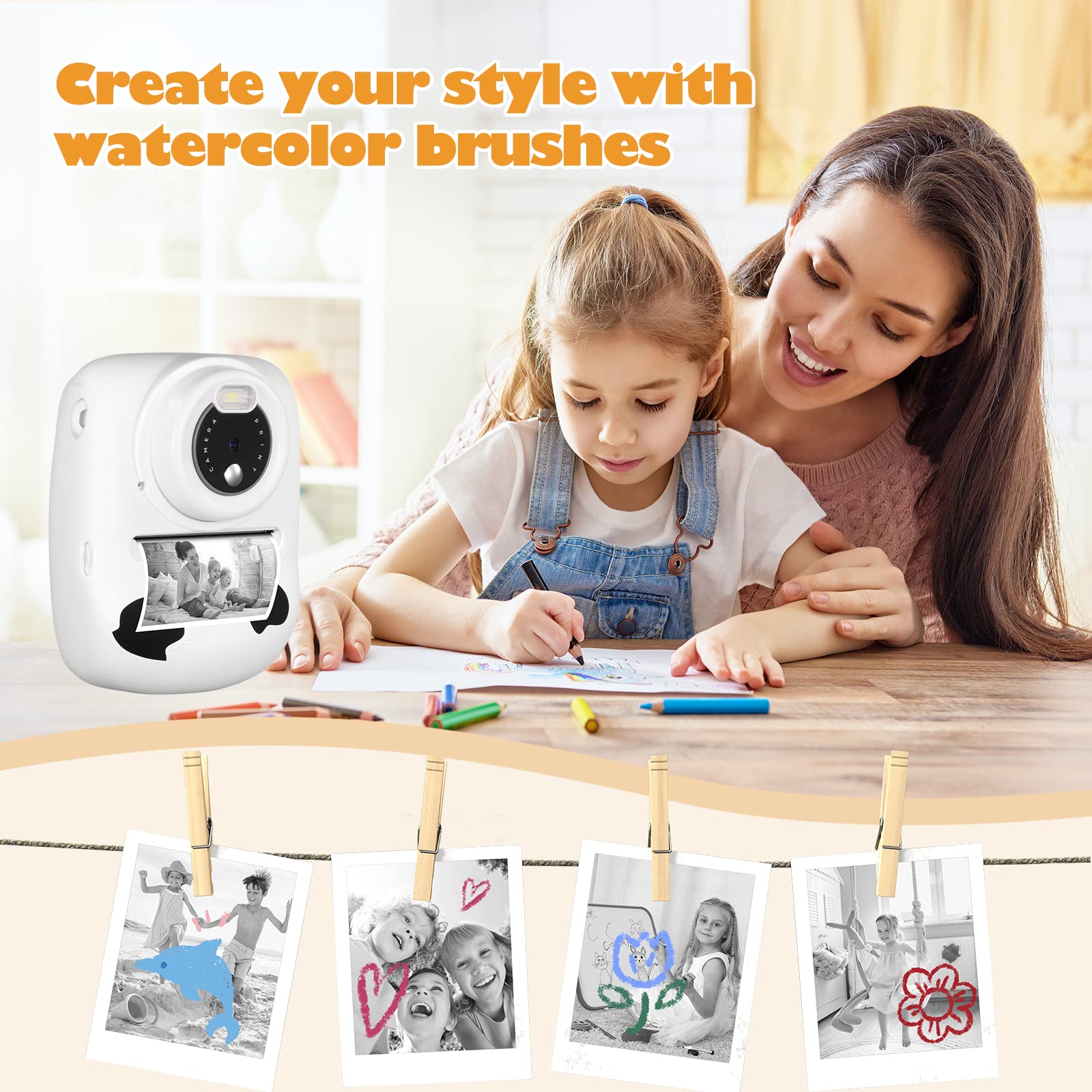 Fotocamera per Bambini, 30 MP, Doppia Fotocamera, Stampa in Bianco e Nero, Schermo da 2,4 Pollici, Scheda TF da 32 GB, Bianca
