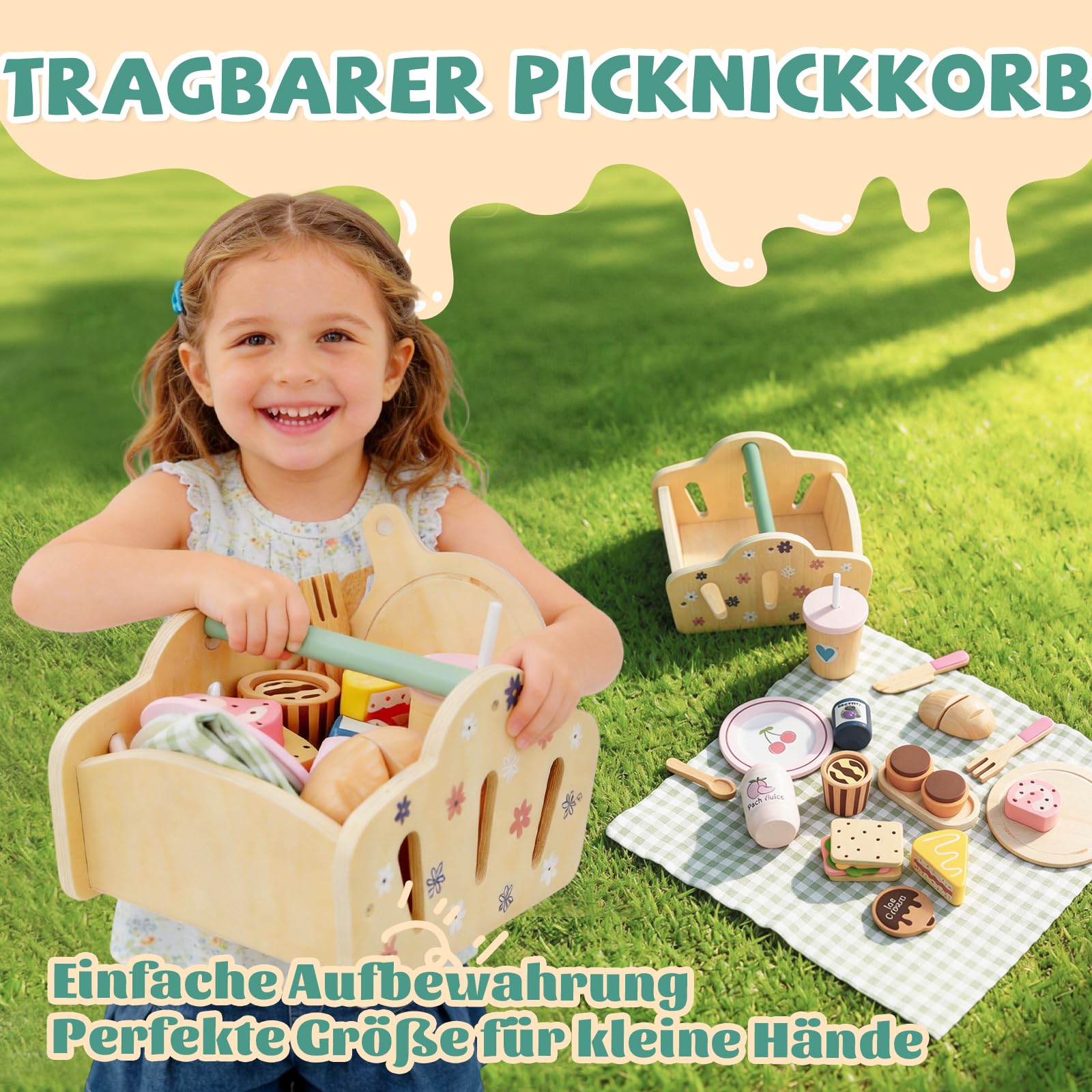 Potatomato Kinder Picknick-Set mit Teeservice Kinder inkl Dessertspielzeug - Holzspielzeug und Outdoor-Gartenspielzeug Jungen und Mädchen
