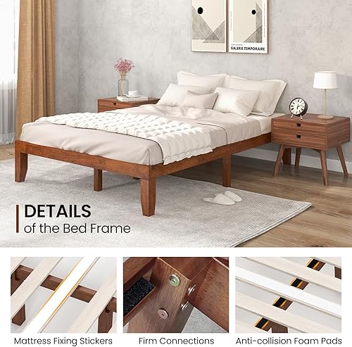 Miniatura 7 de KOMFOTT Base de cama de plataforma de madera de 14 pulgadas, tamaño Queen, base de colchón de madera maciza con marco de madera de goma, soporte de