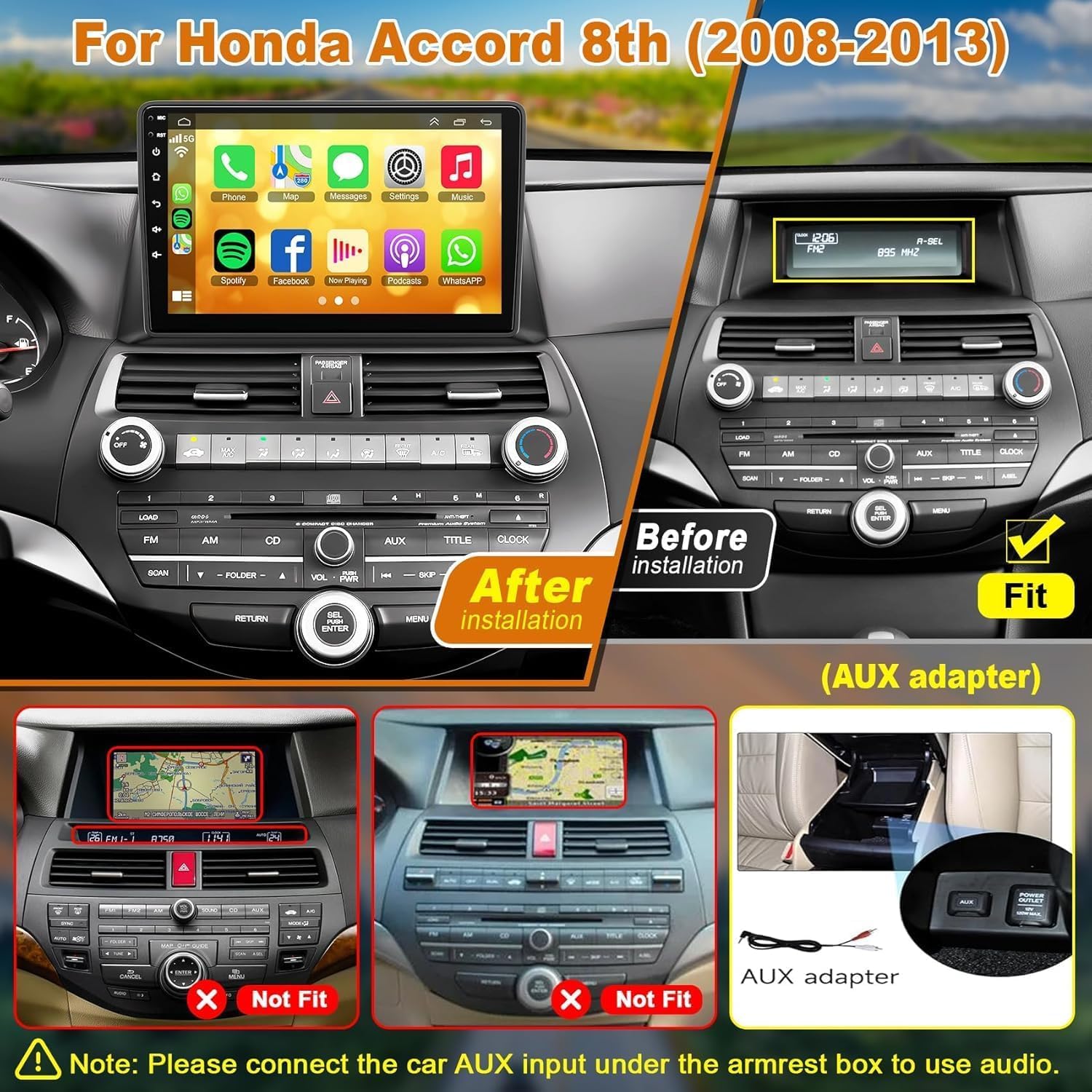 Android 13 Car Stereo for Honda Accord 2008-2013 4G RAM+64G ROM, 10.2 Inch IPS Touch Screen Car Radio with Wireless Carplay/Android Auto,GPS, WiFi, Bluetooth5.2, Support OBD2/DVR/DSP