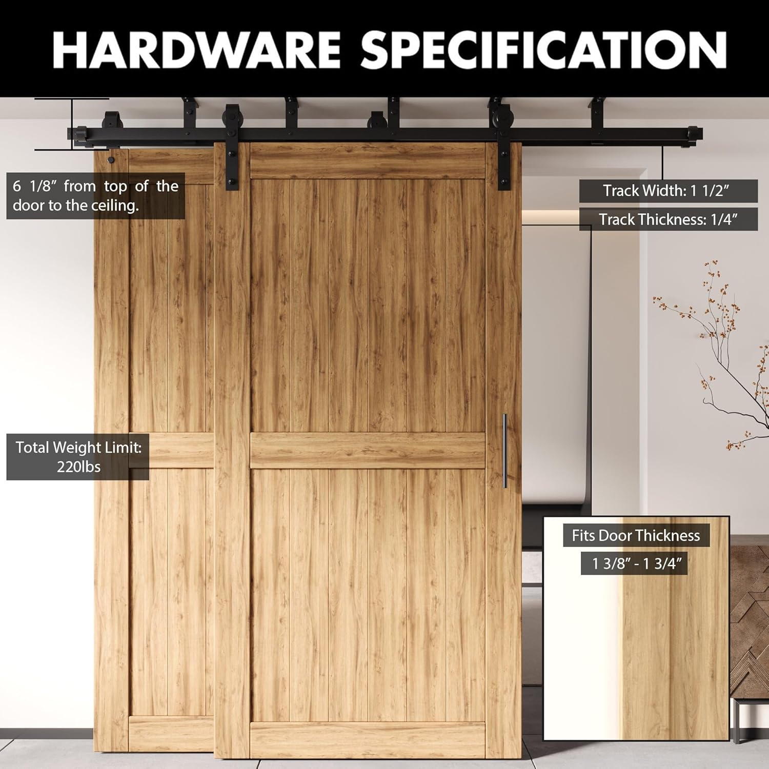 Homacer Black Rustic Ceiling Mount Double Track Bypass Sliding Barn Door Hardware Kit, for Two/Double Doors, 8ft Long Flat Track, Interior Use Only (Doors are not Included)