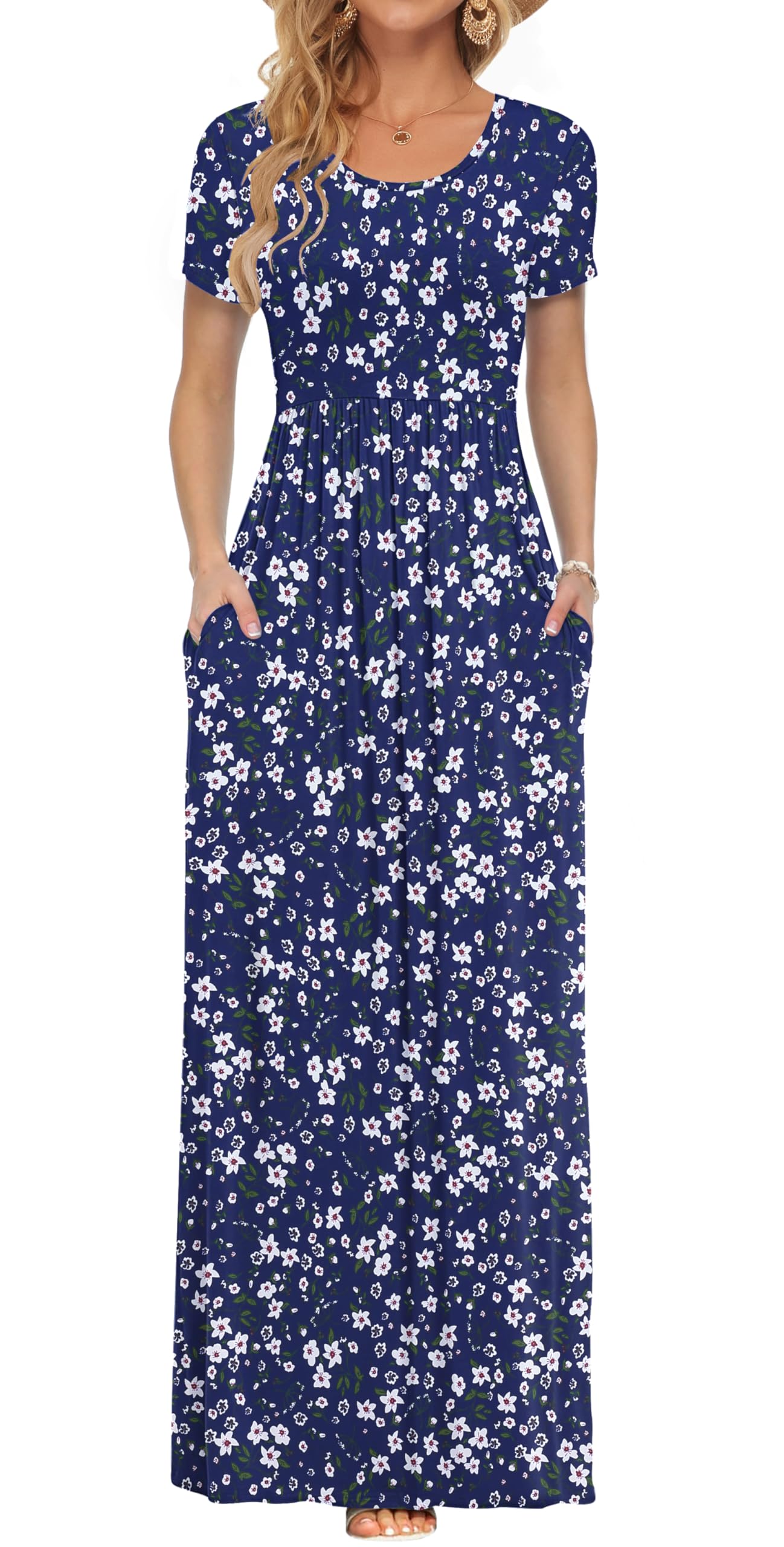 AUSELILY Women's Summer Short Sleeve Loose Plain Casual Long Maxi Dresses | Year Round wear solid floral print, Casual wear, Empire waist, Floor length, Side pockets