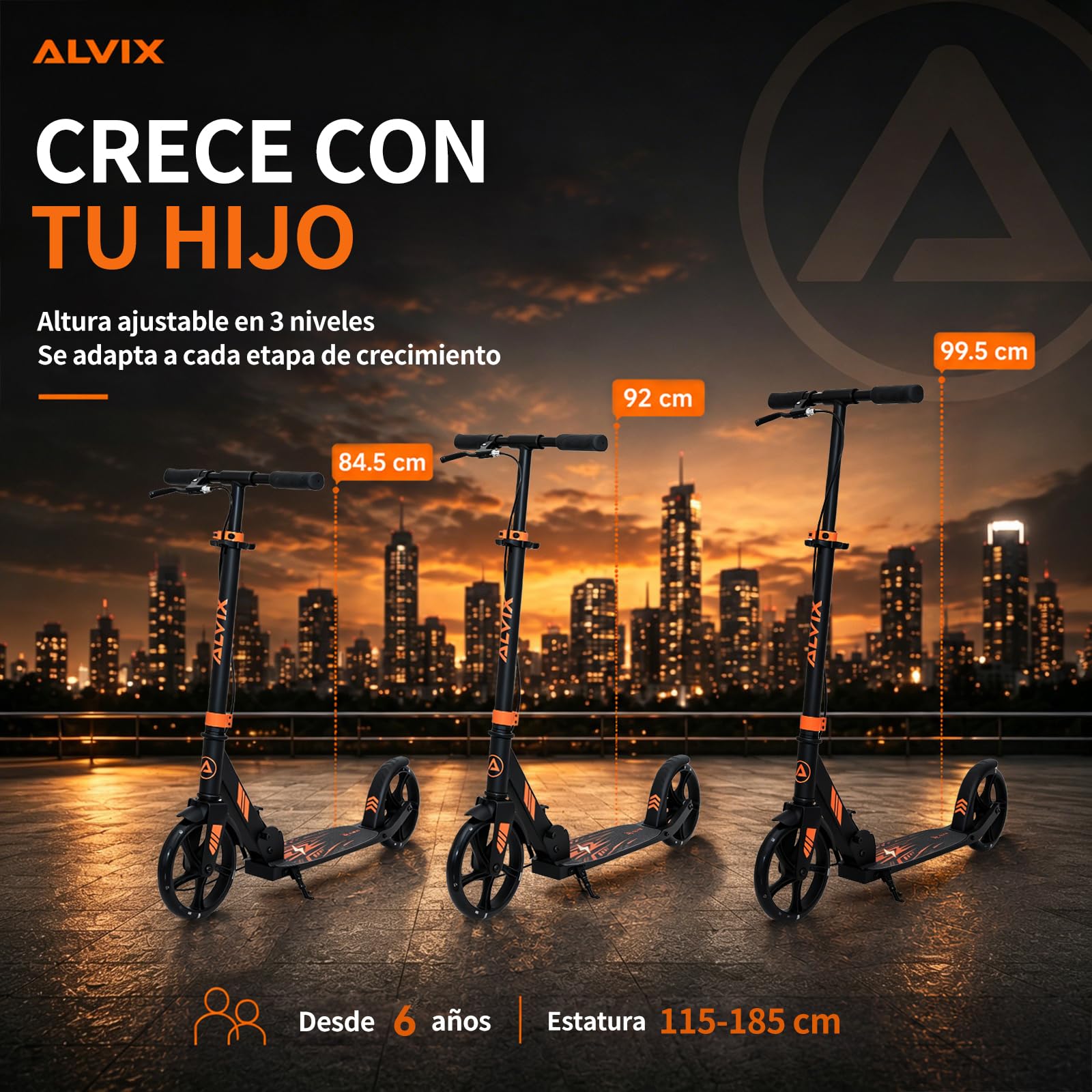 ALVIX Patinete infantil con freno de mano y ruedas LED, altura regulable a partir de 6 años, ruedas de 200 mm, patinete plegable con correa, plataforma ancha, hasta 100 kg
