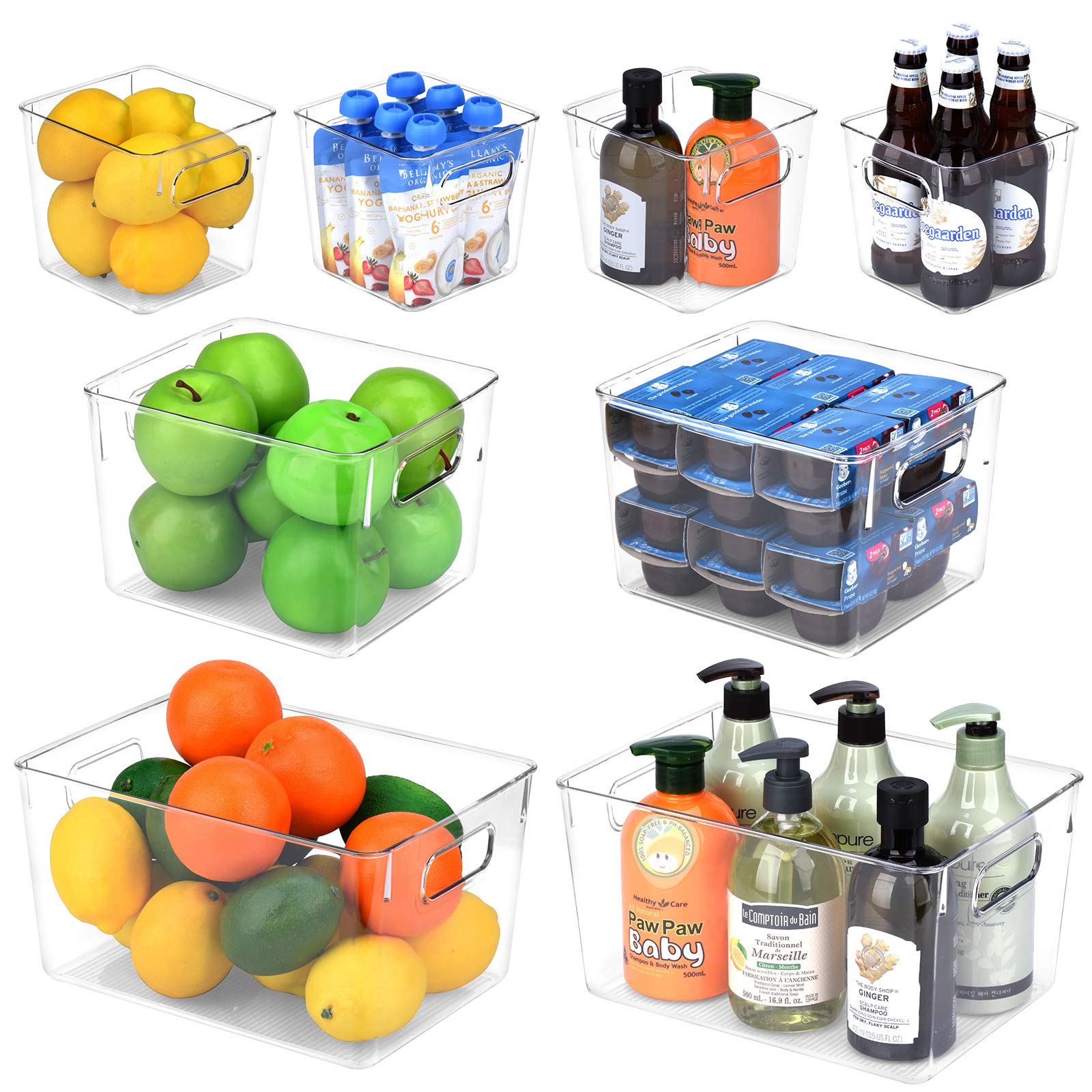 ToplifeRefrigerator Storage Bins with Handle, Clear Plastic Organizer Container for Kitchen, Pantry, Freezer, Countertops, Cabinets, Office - Set of 8