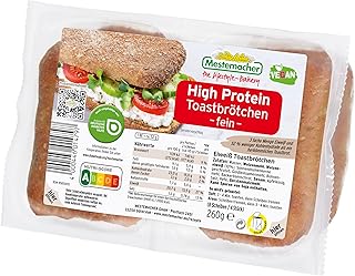 Mestemacher High Protein Toastbrötchen, ballaststoffreich, vegan, Eiweiß Lieferant zum Toasten, für Diabetiker geeignet, vorgeschnitten, 8 Scheiben/4 Stück, 260 g