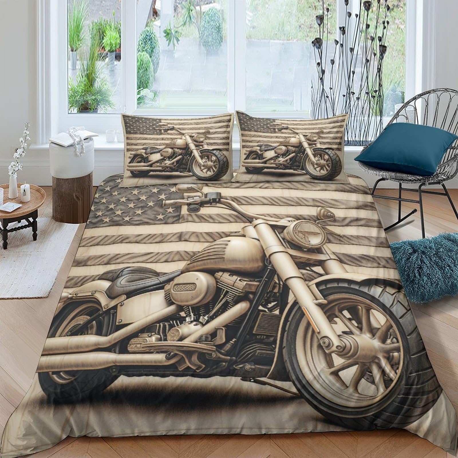 ESSAHI Harley Rider 3D Printed Bedding Comforter Cover Set for Kids Girls Boys Vintage Motorbikes Quilt Cover Soft Microfiber 3 Piece Duvet Cover with Pillwocase Hidden Zipper King（220x240cm）
