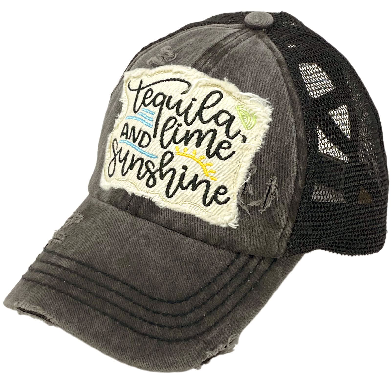 C.C Ponytail Criss Cross Messy Buns Ponycaps Baseball Cap Dad Trucker Mesh Hat (Distressed Patch Tequila Lime Sunshine Black)