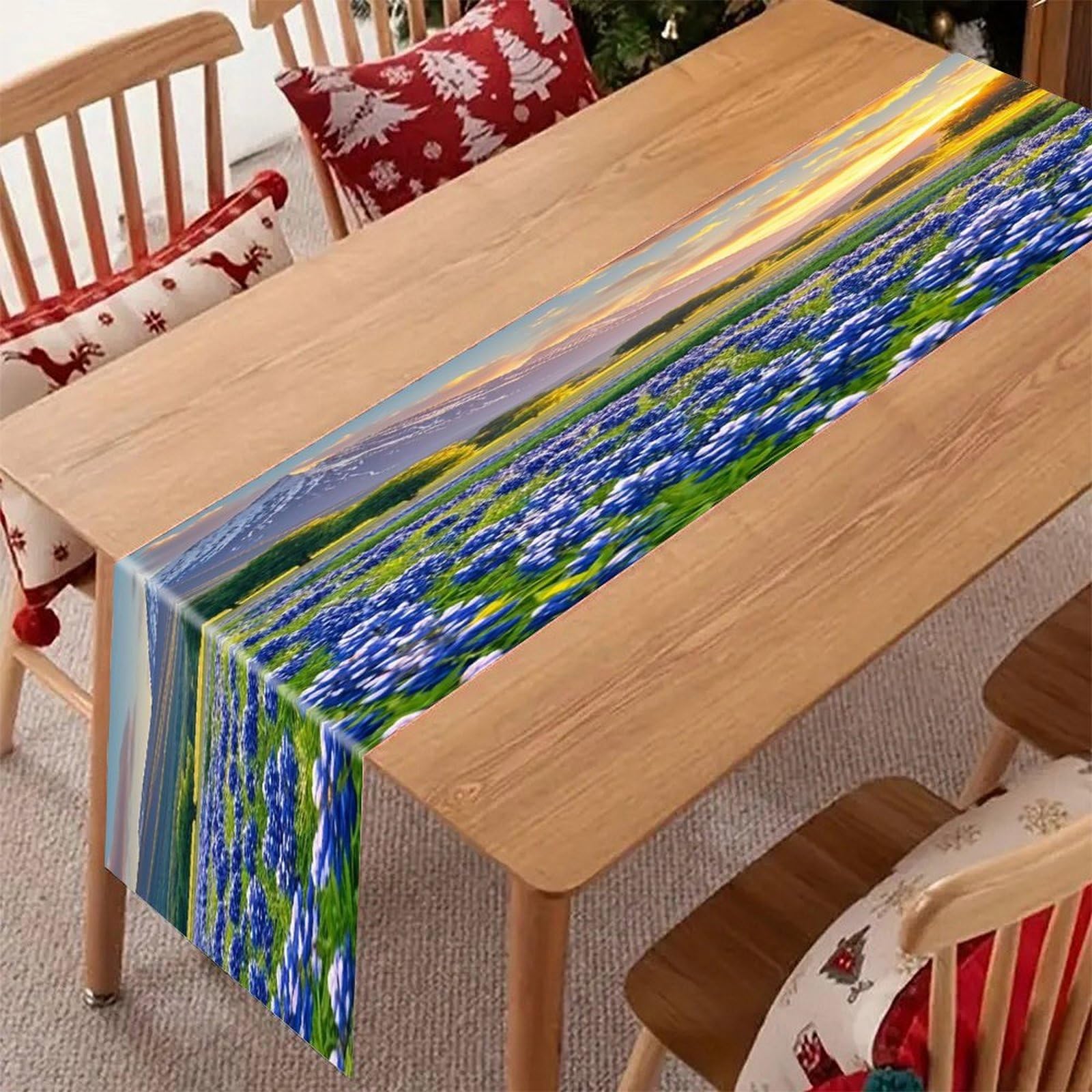 Texas Bluebonnets Scenery Table Runner Modern Art Farmhouse Linen Table Runner Dresser Scarf Seasonal Kitchen Dining Table Decoration Dresser Scarves for Home Party Decor 13x70 Inch