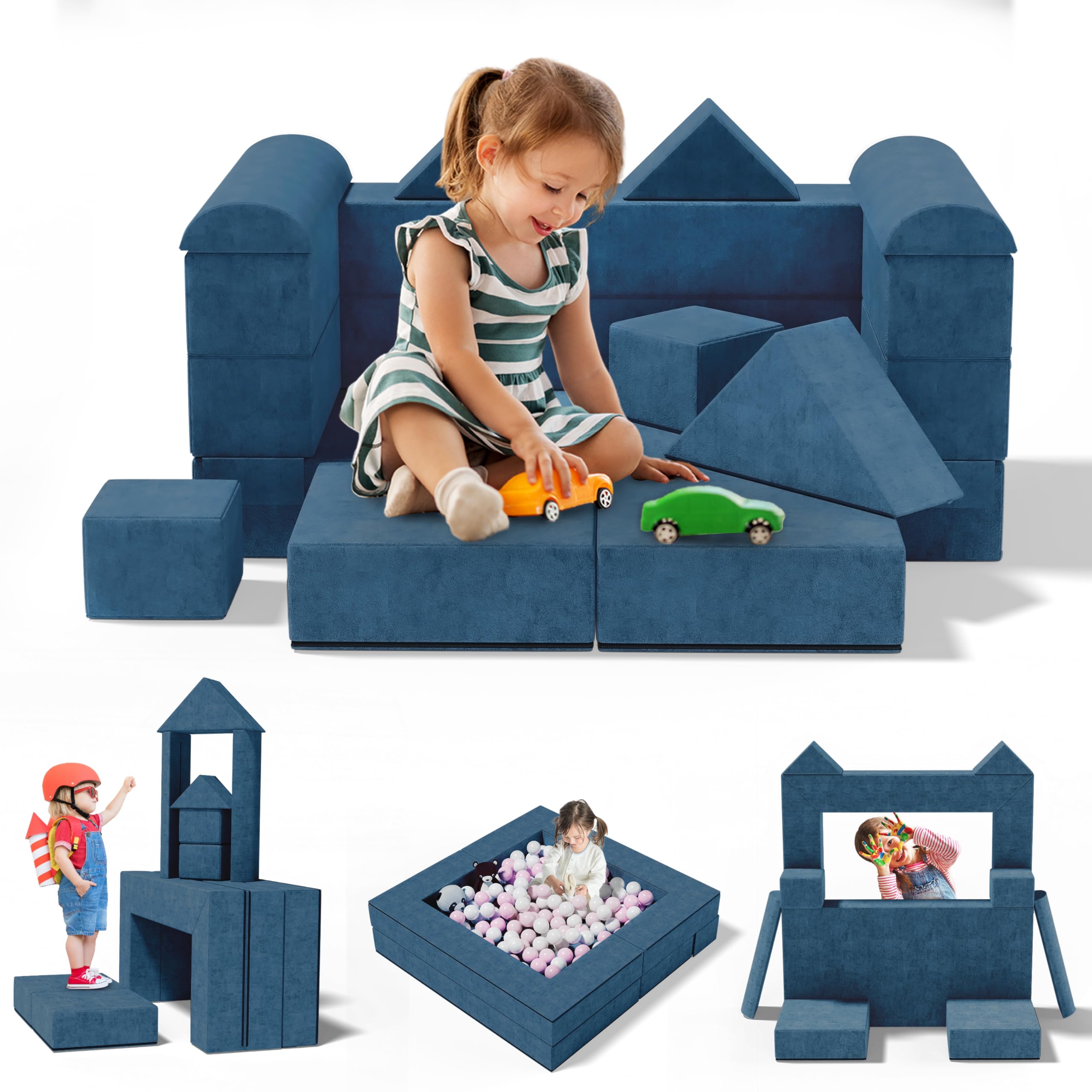 IdeaKey Kids Couch Modular Play Toddler Sofa Chair Soft Foam Building Fort Convertible Child Sectional Sofa Blue