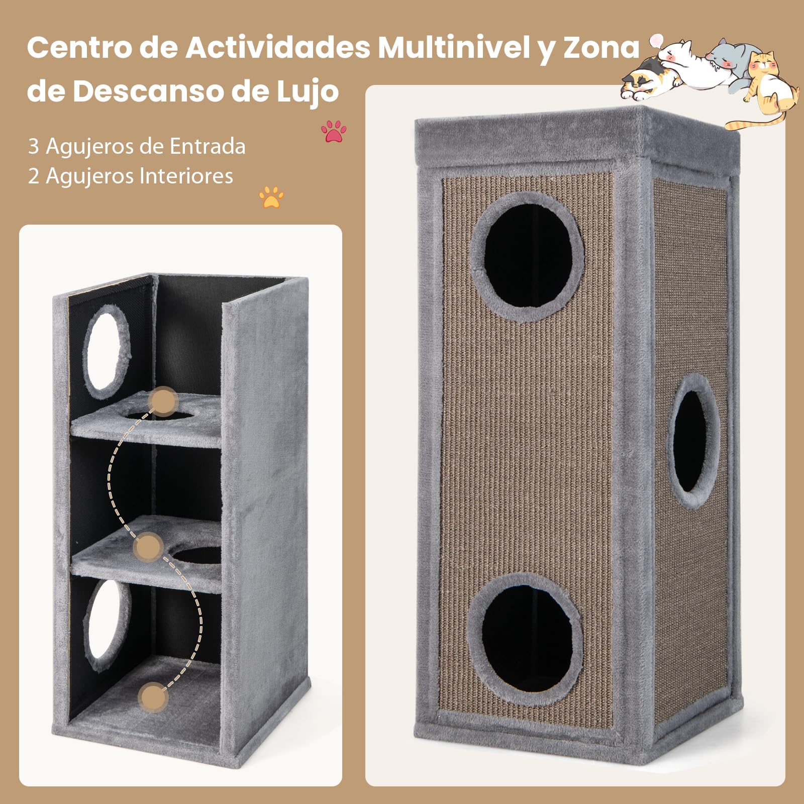 GYMAX Condo para Gatos de 4 Pisos, Torre de Actividades para Gatos, Árbol Rascador con Plataformas, Juguete Interactivo con 3 Cuevas, Almohadillas Suaves Extraíbles en Forma de Barril