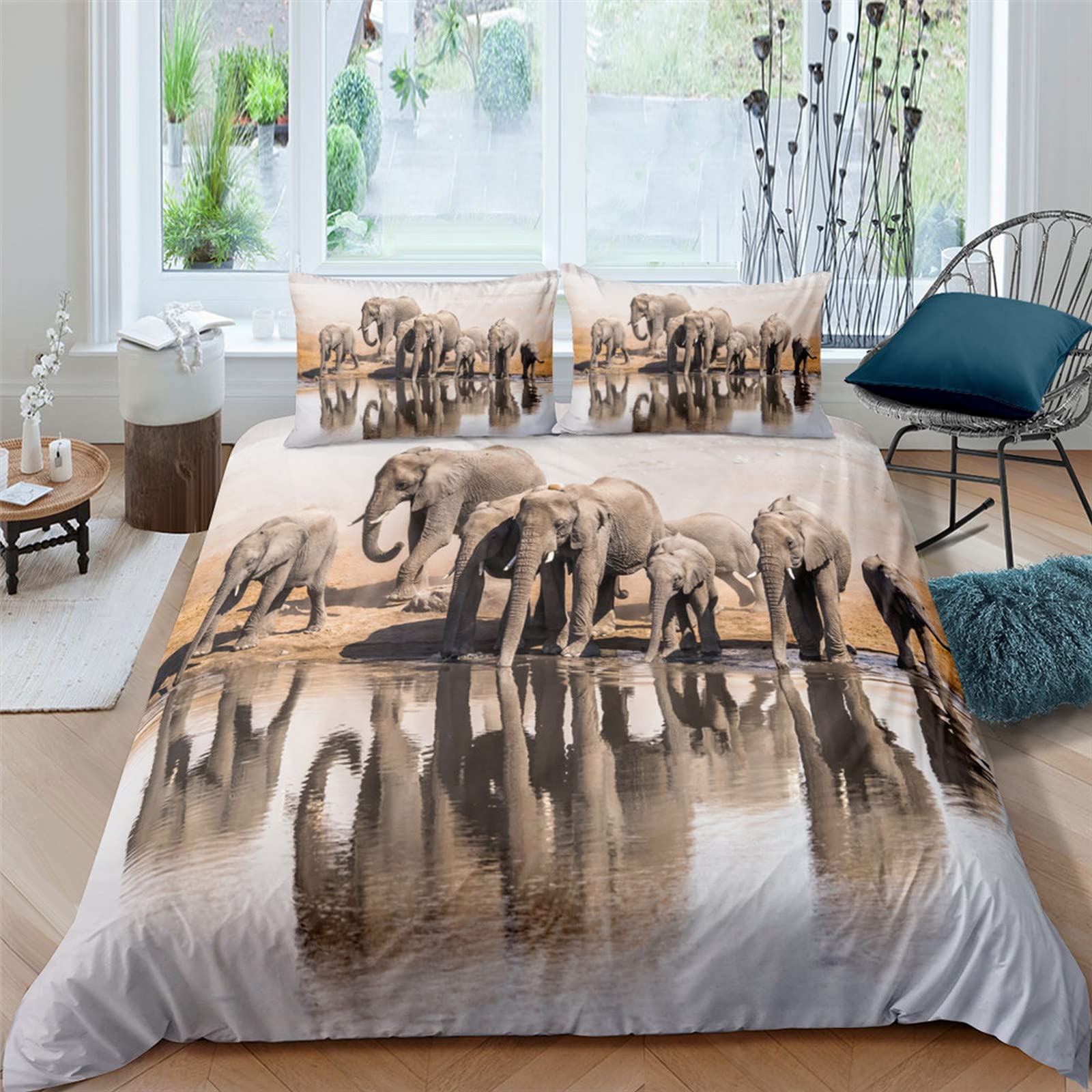 Housse De Couette 3D Éléphant Savane - 220x240 Cm + 2 Taies 65x65 Cm, Microfibre Douce