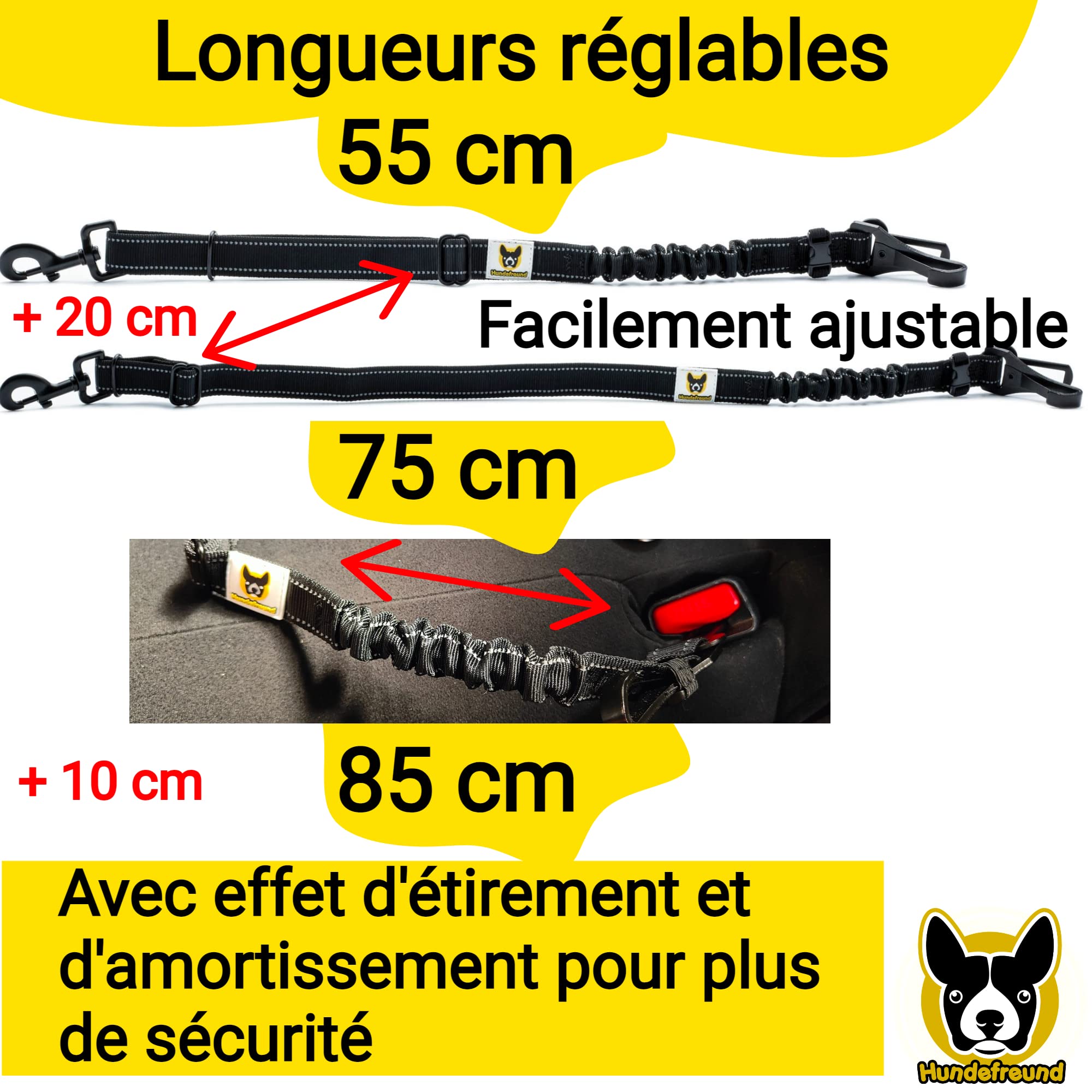 Hundefreund Ceinture de Sécurité pour Chien Voiture Extrêmement Sûre - Ceinture Chien Voiture Réglable avec Amortisseur pour Tous Les Types de Voitures et Toutes Les Races de Chiens