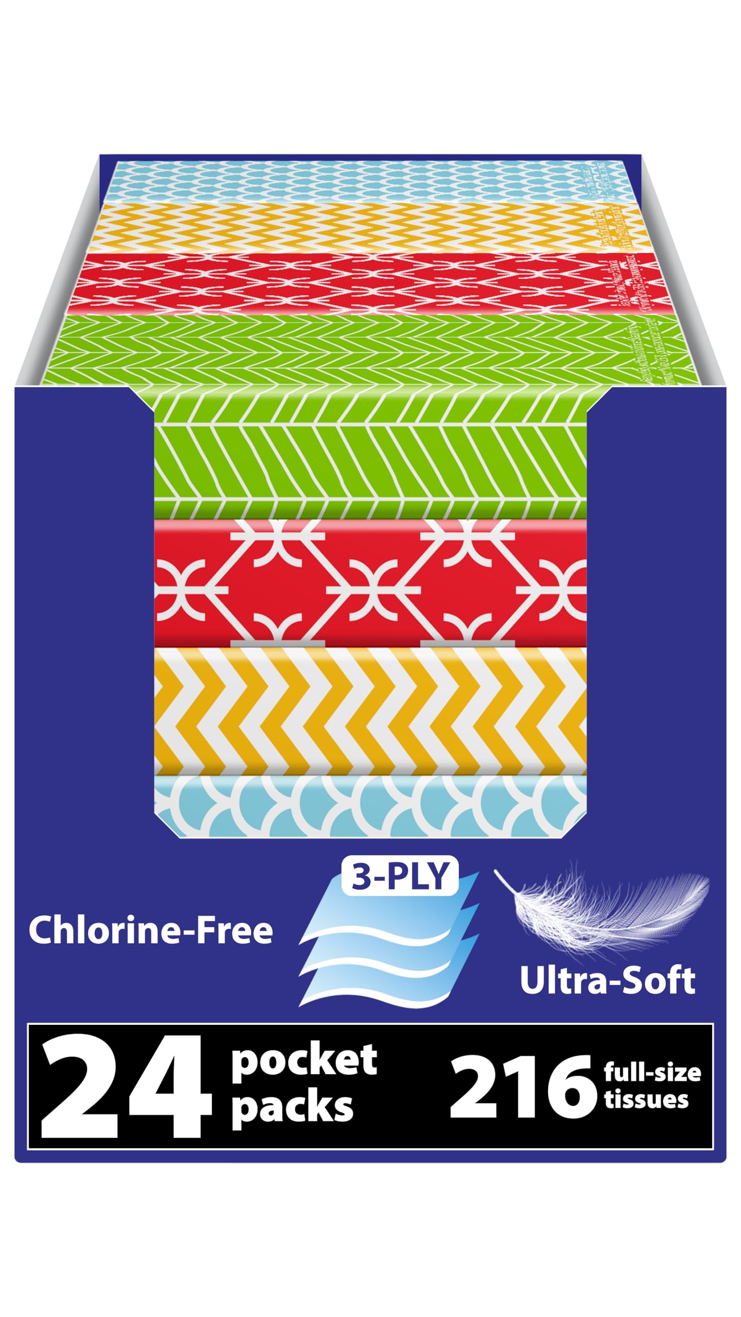 Travel Tissue Packs – 24 Compact 3-Ply Packs (216 Total), Soft Chlorine-Free Facial Tissues for Purse, Car, or School, Gentle & Durable, Non-Bleach, Stylish Geometric Design