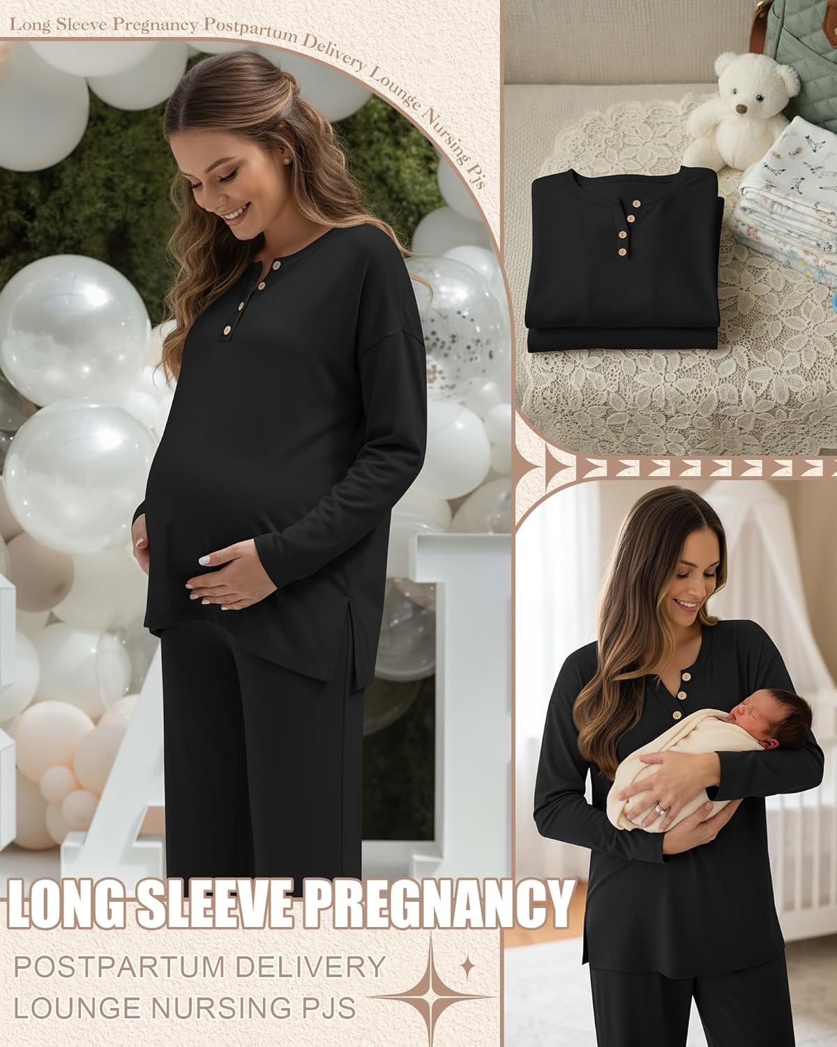 Women's Maternity Pajamas Sets, Long Sleeve Pregnancy Postpartum Delivery Lounge Nursing Pjs with Pockets Pjs