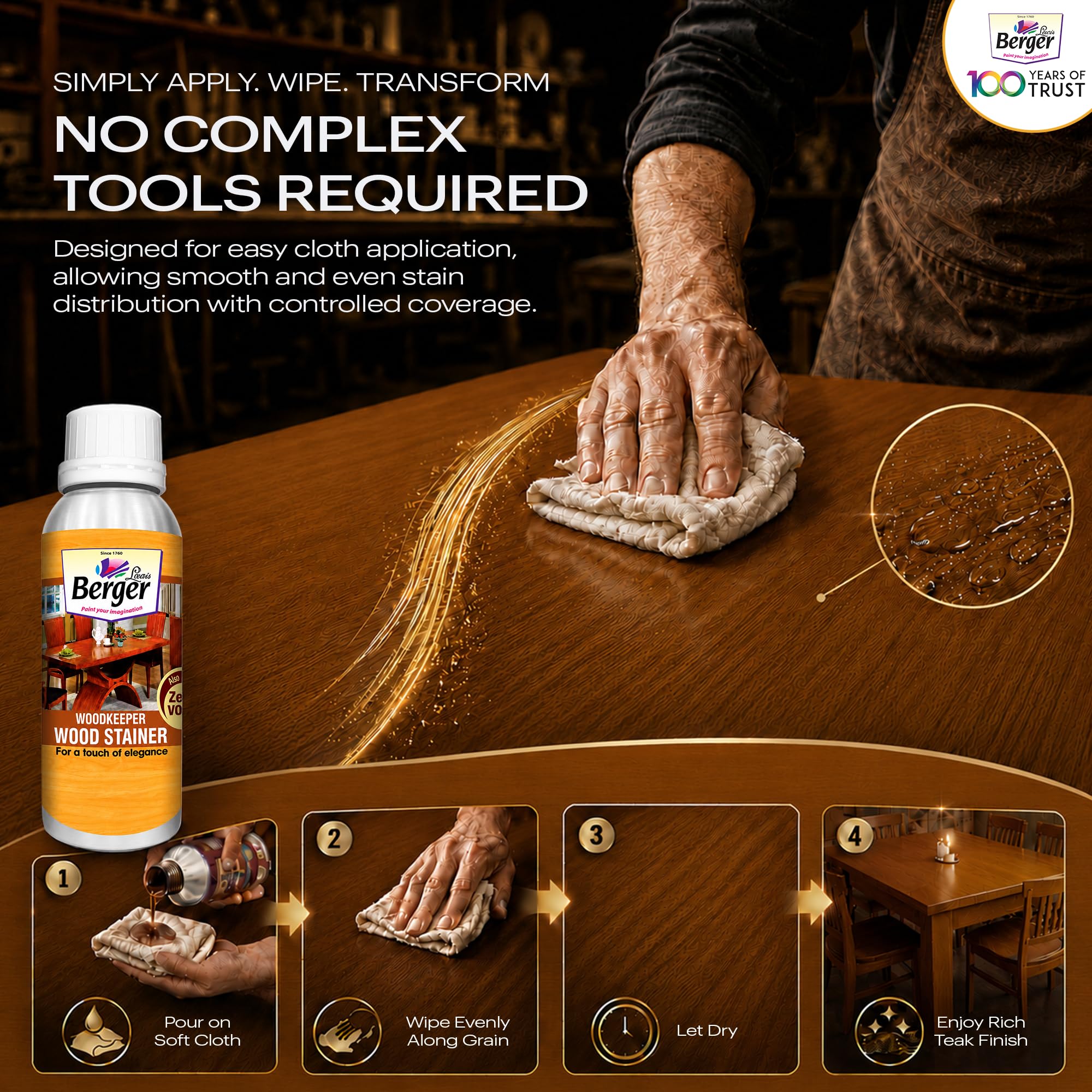 Berger Wood Keeper Teak Wood Stain with Leakproof Bottle & Easy Cloth Application Transparent Solvent-Based Stainer for Home Office Furniture Surfaces Shine and Finish (Pack of 1, 500ML) 2