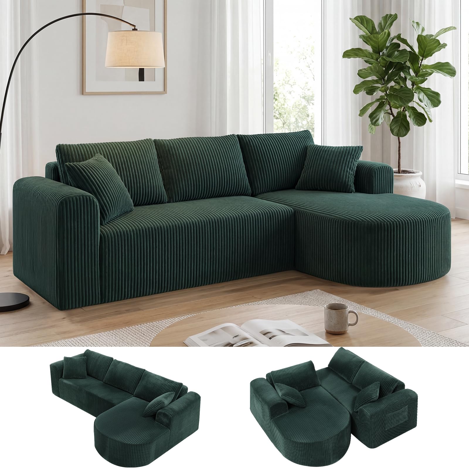 COMHOMA Ecksofa mit Schlaffunktion, 263cm Corduroy Modulares Boneless Couch mit Chaiselongue, L-Form Schlafsofa, Sektionssofas mit Kissen & Seitentaschen,Sofa für Wohnzimmer, Keine Montage, Grün