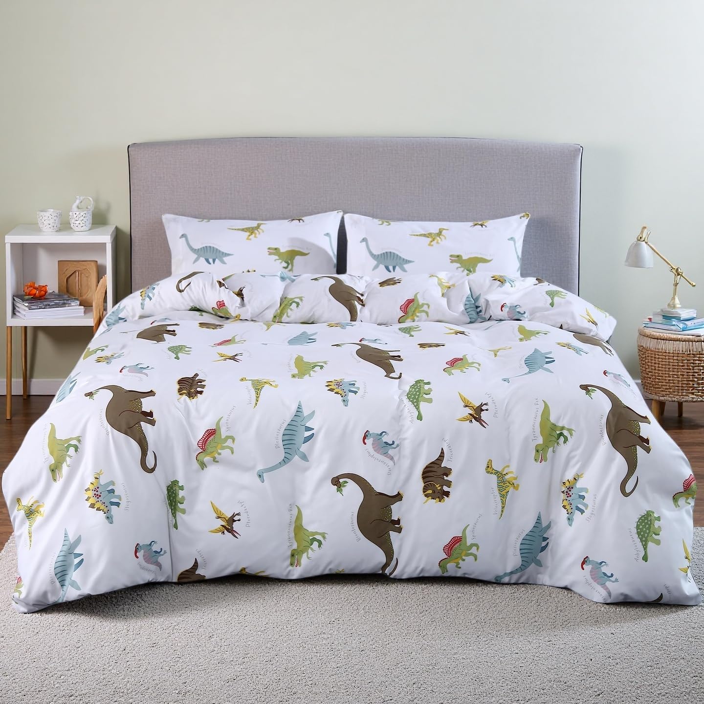 MAG 3Pcs Dinosaur Duvet Cover Set, Colorful Dino Full Size White Based Duvet Cover Set, for for Kids, Toddler, Teens Boys and Girls, Super Soft Microfiber, Full Size(no Comforter Inside)