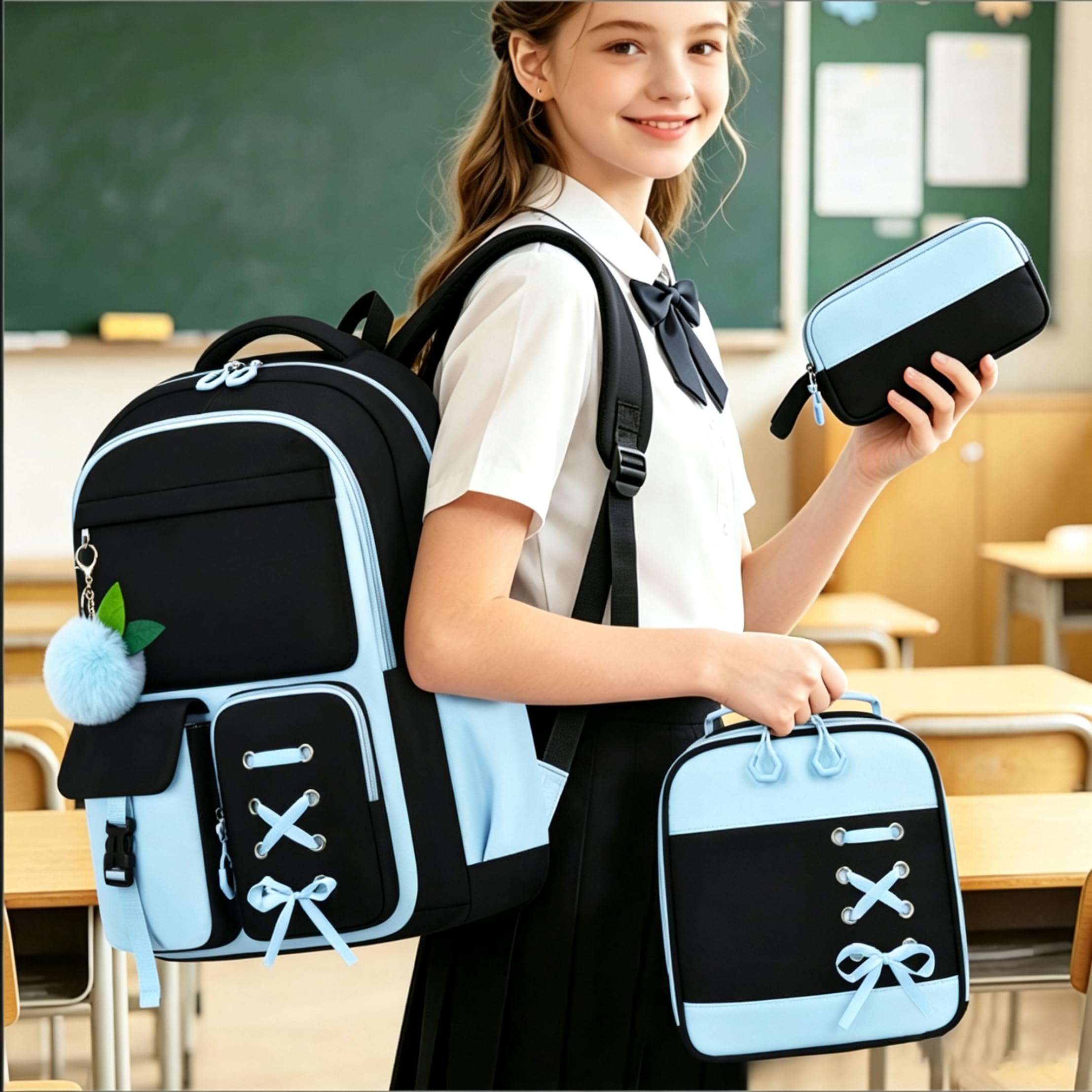 Zaino per ragazze con portapranzo, zaino con fiocco da 3 pezzi, multitasche blu con cinghie traspiranti, poliestere impermeabile per la scuola e i viaggi delle ragazze