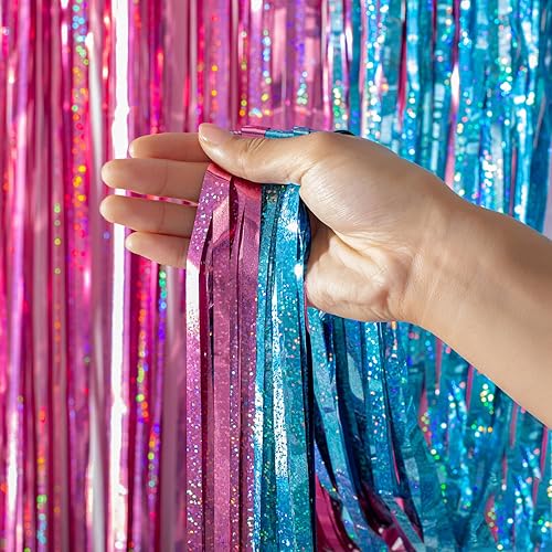 Miniatura 2 de Paquete de 4 cortinas de flecos láser de oropel de 3.2 x 8.2 pies, cortinas de fondo de serpentinas con adhesivo, fondo de cabina de fotos,